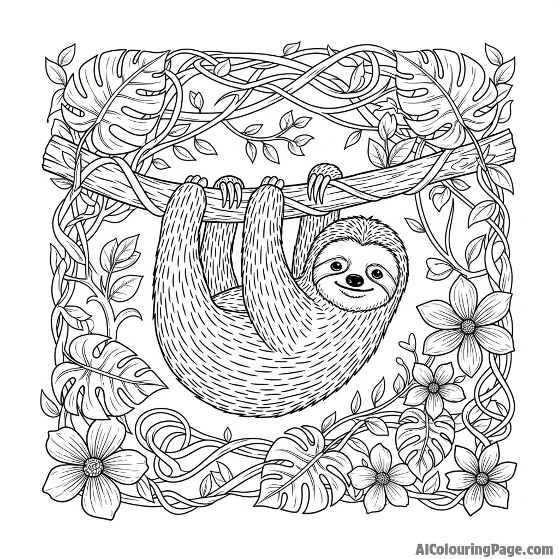 A woodcut-style illustration of a sloth in a dense, tangled jungle.