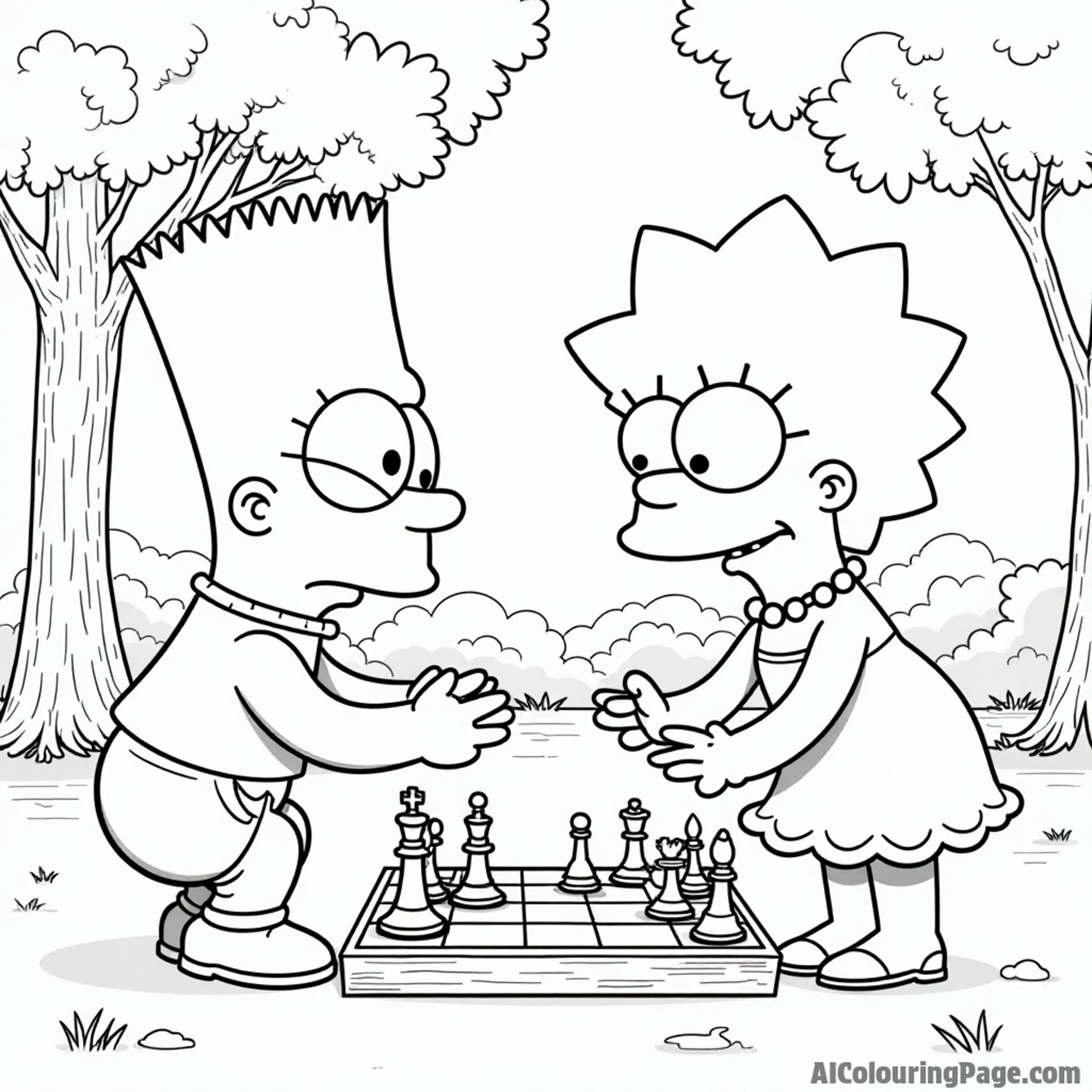 Lisa Simpson playing chess against Milhouse in the park, displaying strategic thinking and concentration in their expressions.
