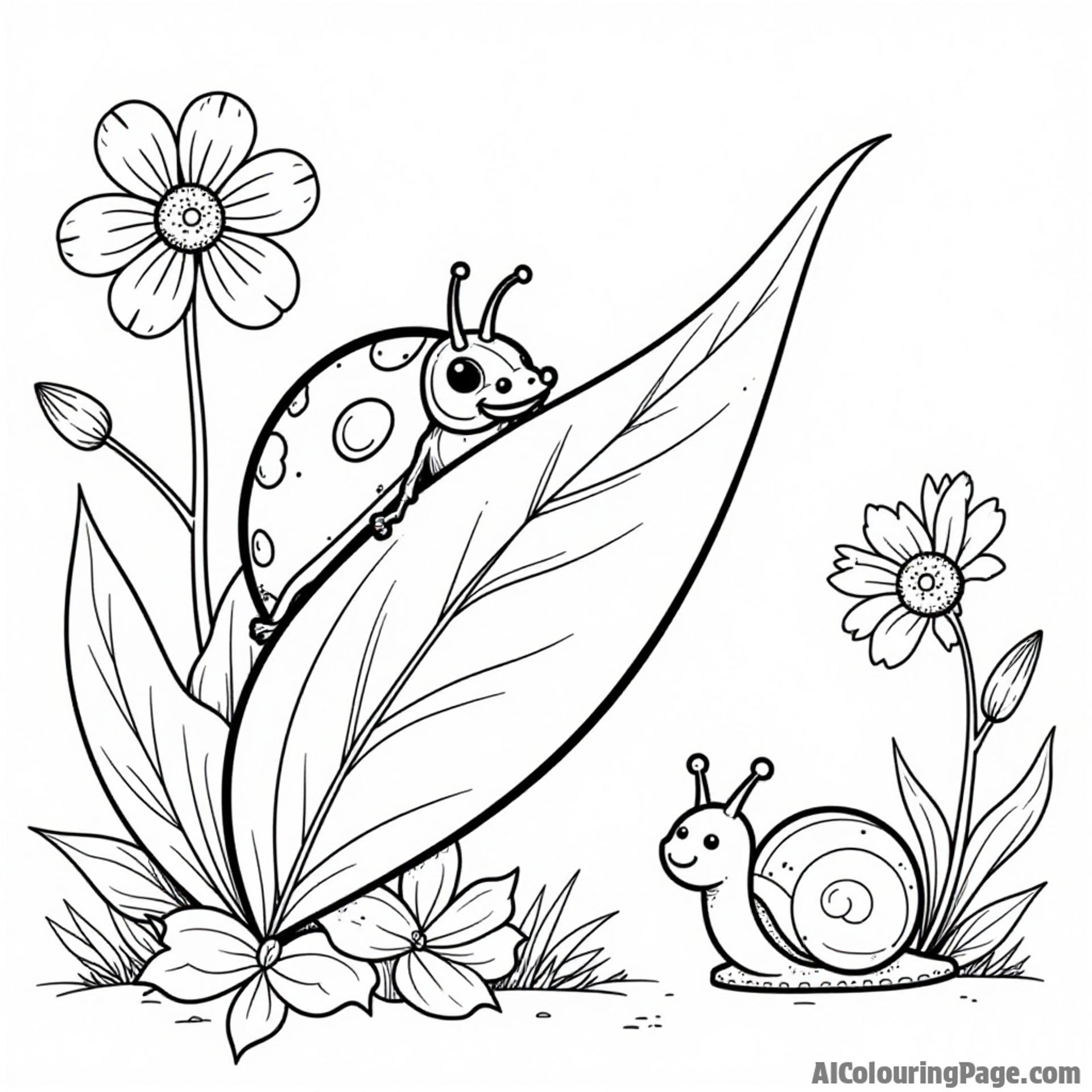 A ladybug peeking out from behind a big leaf, with flowers blooming and a tiny snail slowly passing by.