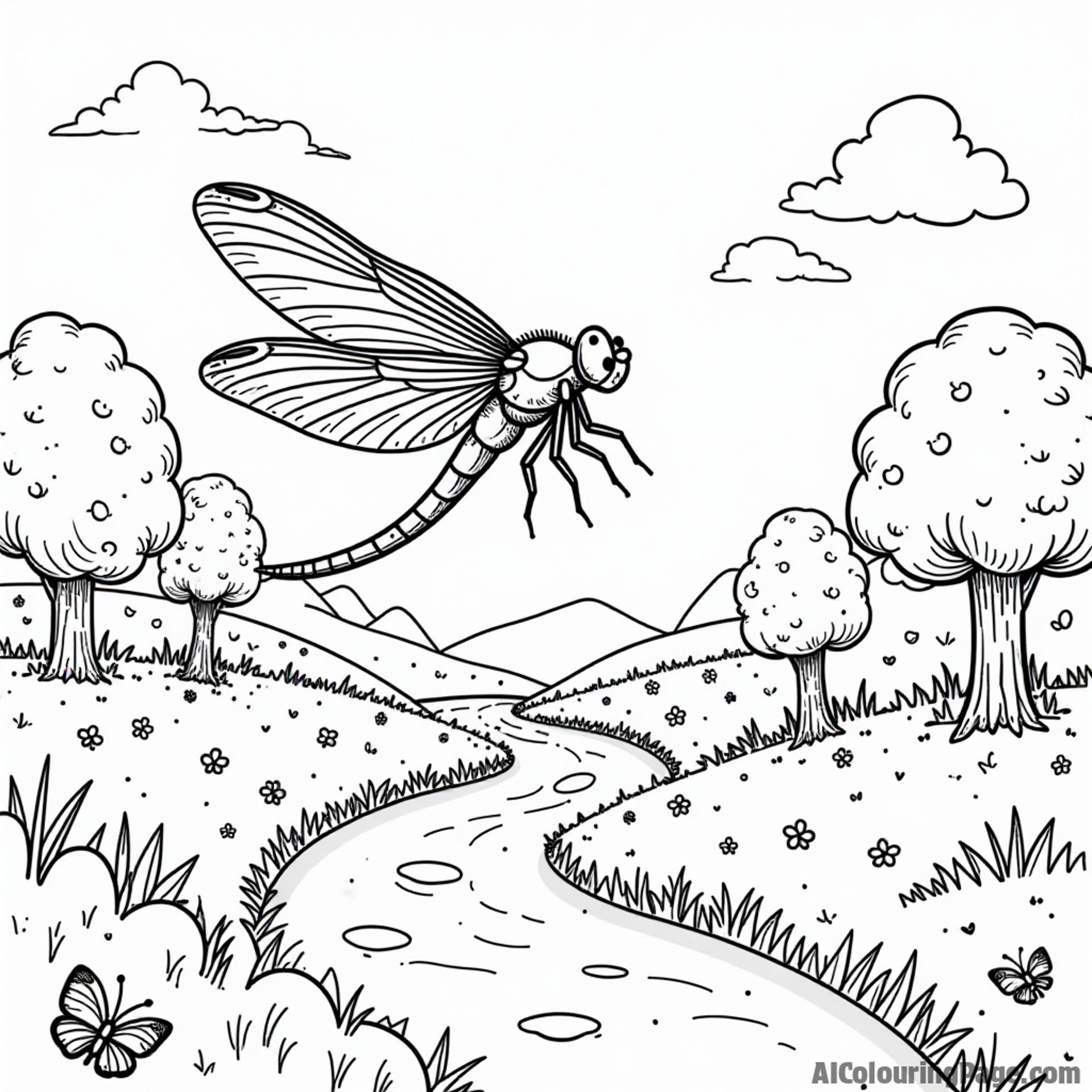A dragonfly soaring over a candyland with lollipop trees and chocolate rivers, sparking imaginations in every child.