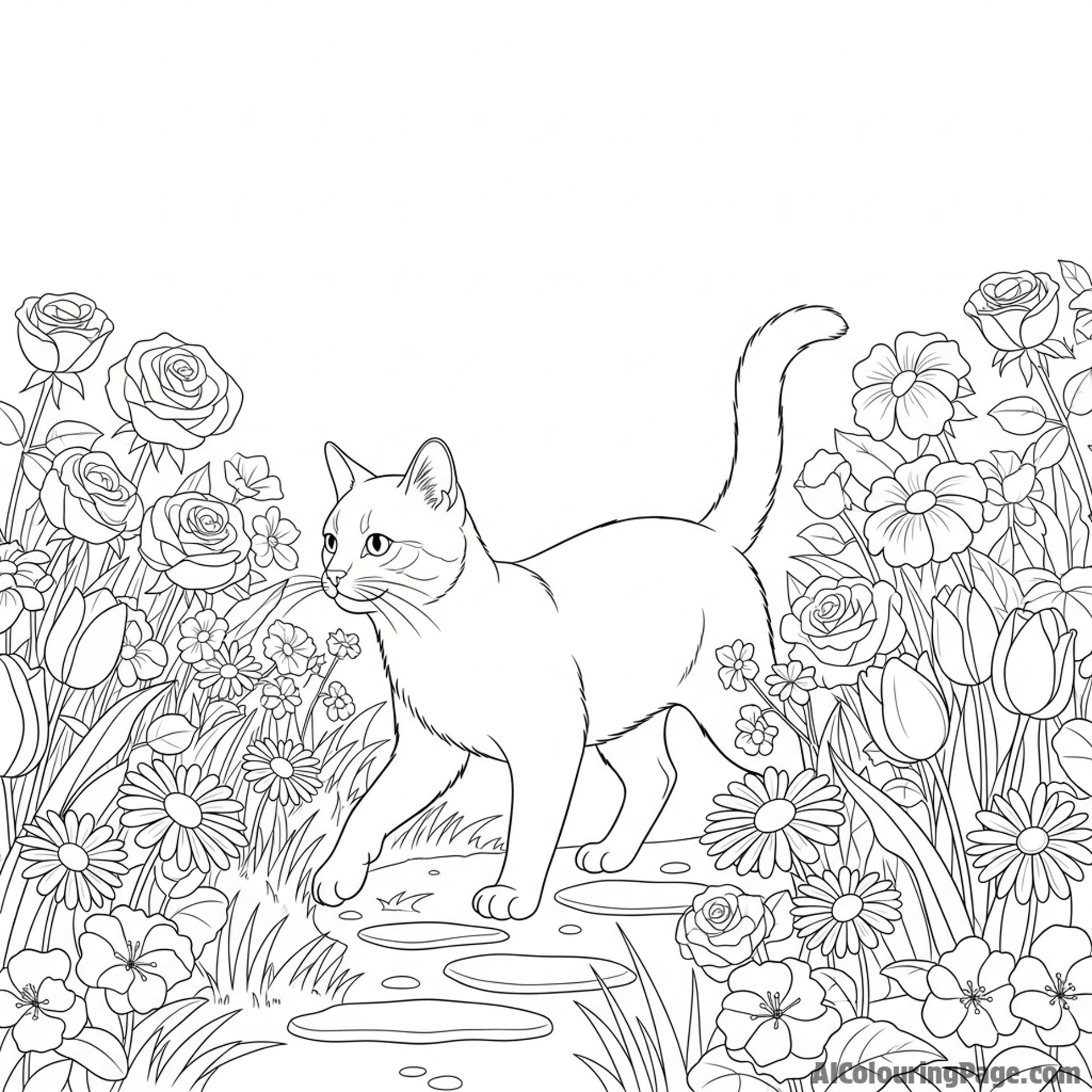 A cat carefully walking through a garden, avoiding the flowers.