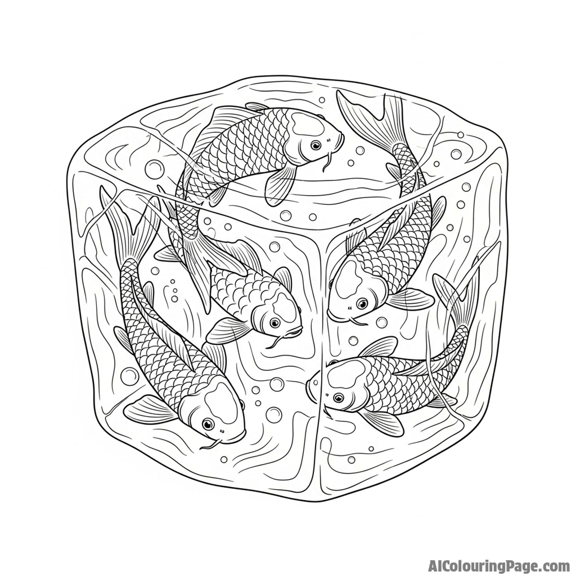 A fantastic scene of koi fish frozen within a crystal-clear block of ice.