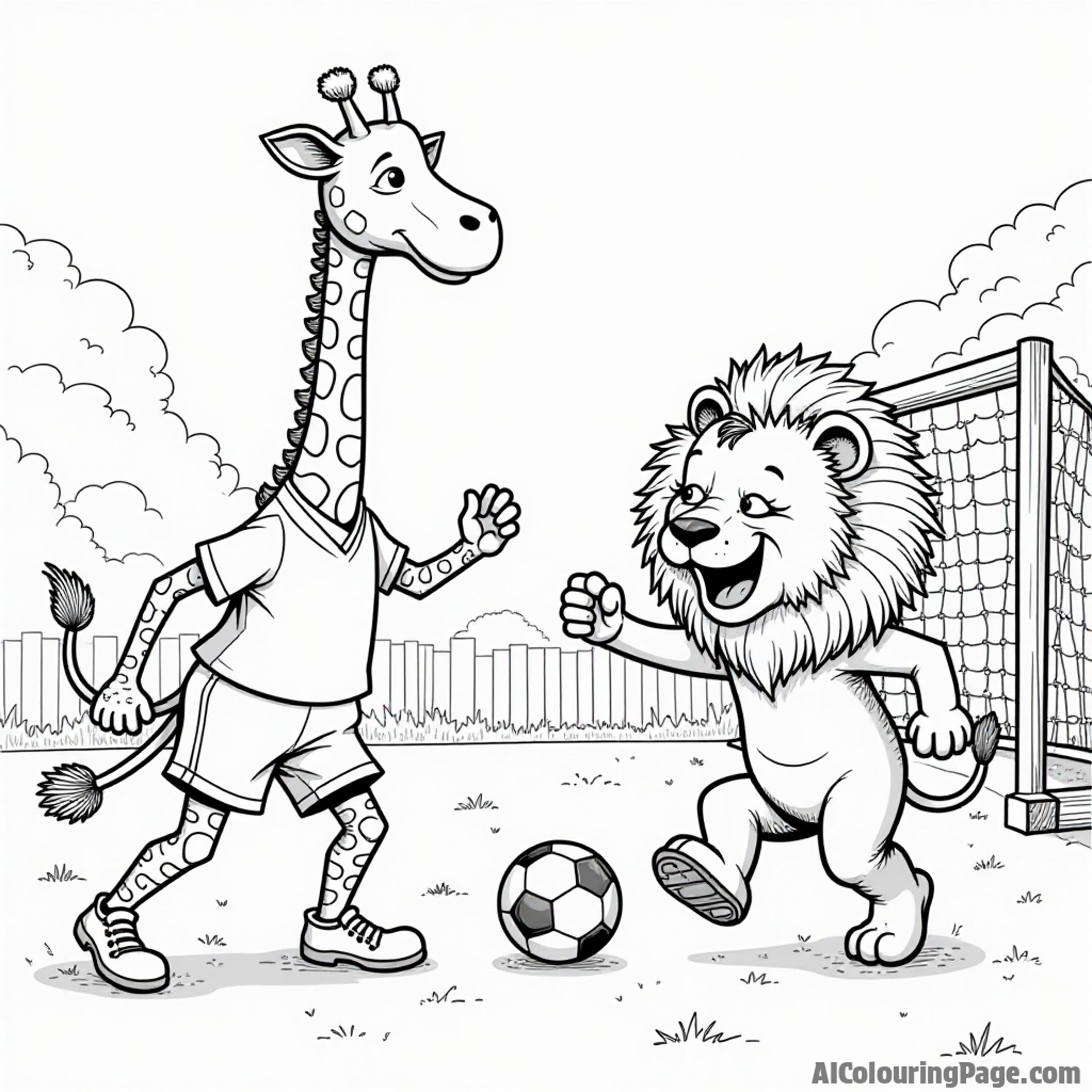 A whimsical soccer scene with animals playing, including a giraffe as a referee and a lion as a goalie, all illustrated in black and white for an imaginative coloring page.