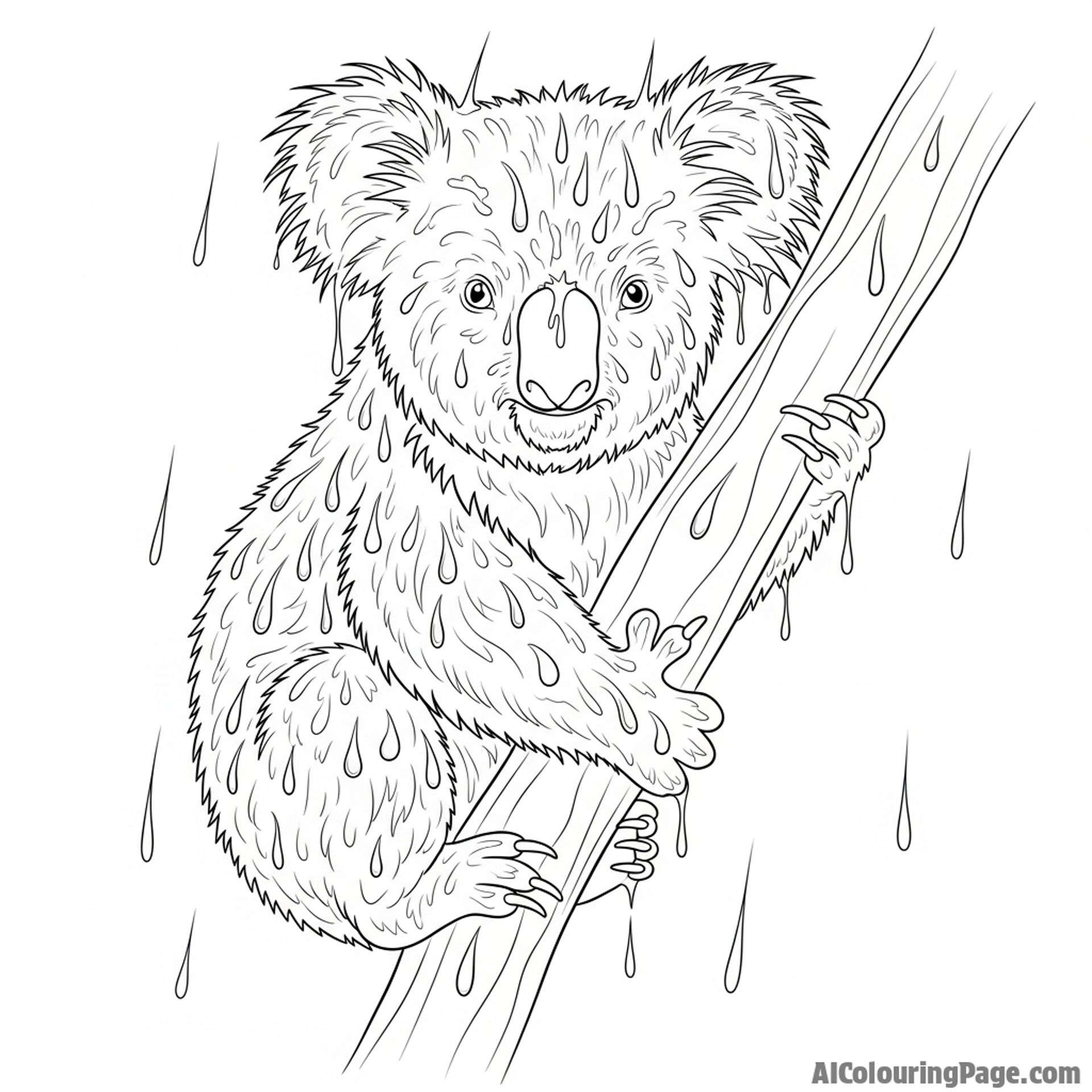A wet koala after a downpour, with water droplets clinging to its fur.