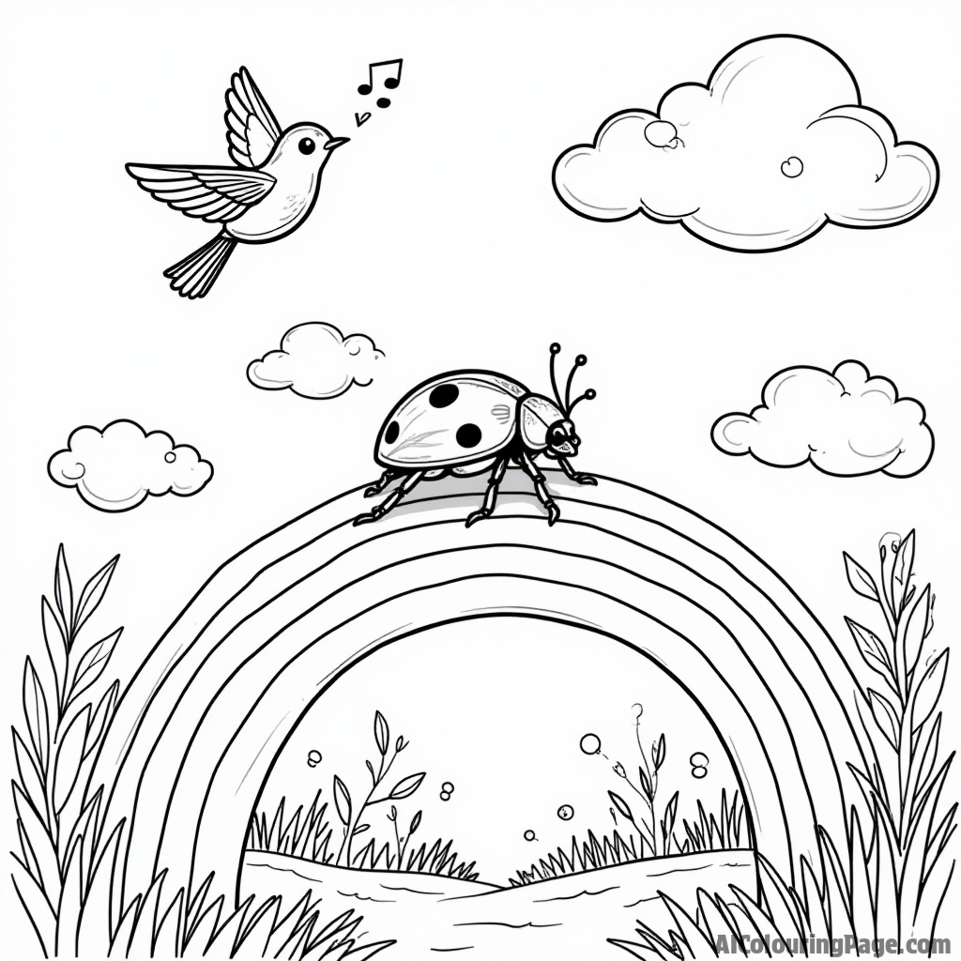 A ladybug crawling on a colorful rainbow, with fluffy clouds and cheerful birds singing above in a bright sky.