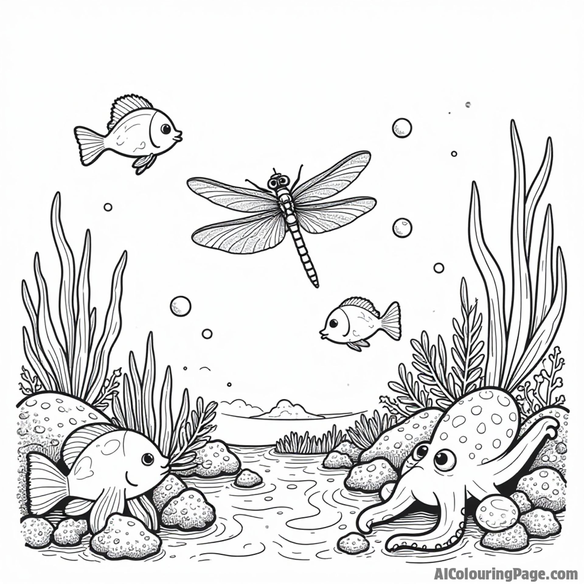 A dragonfly exploring a colorful coral reef with friendly fish swimming around and a curious octopus nearby.
