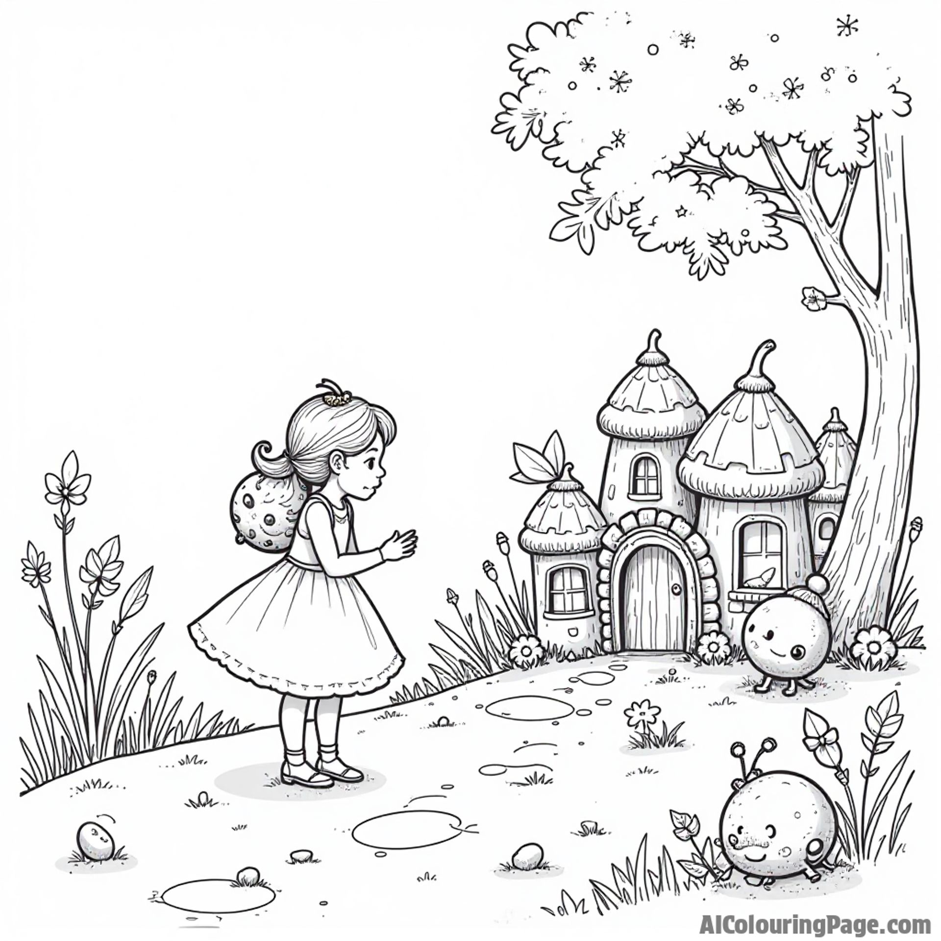 A ladybug exploring a fairy village made of acorns, with tiny houses and friendly fairies greeting her.