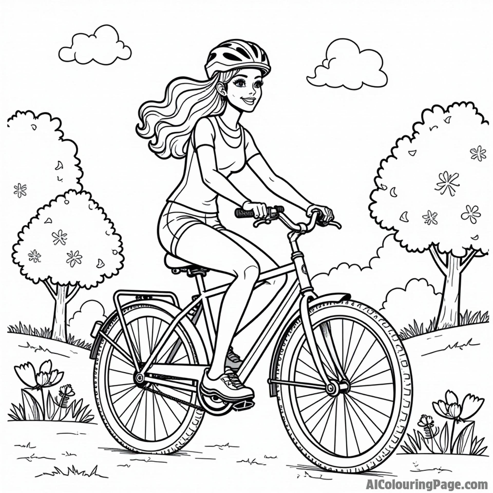 Barbie riding a bicycle through a park, with trees and flowers around her, wearing a helmet and a big smile.