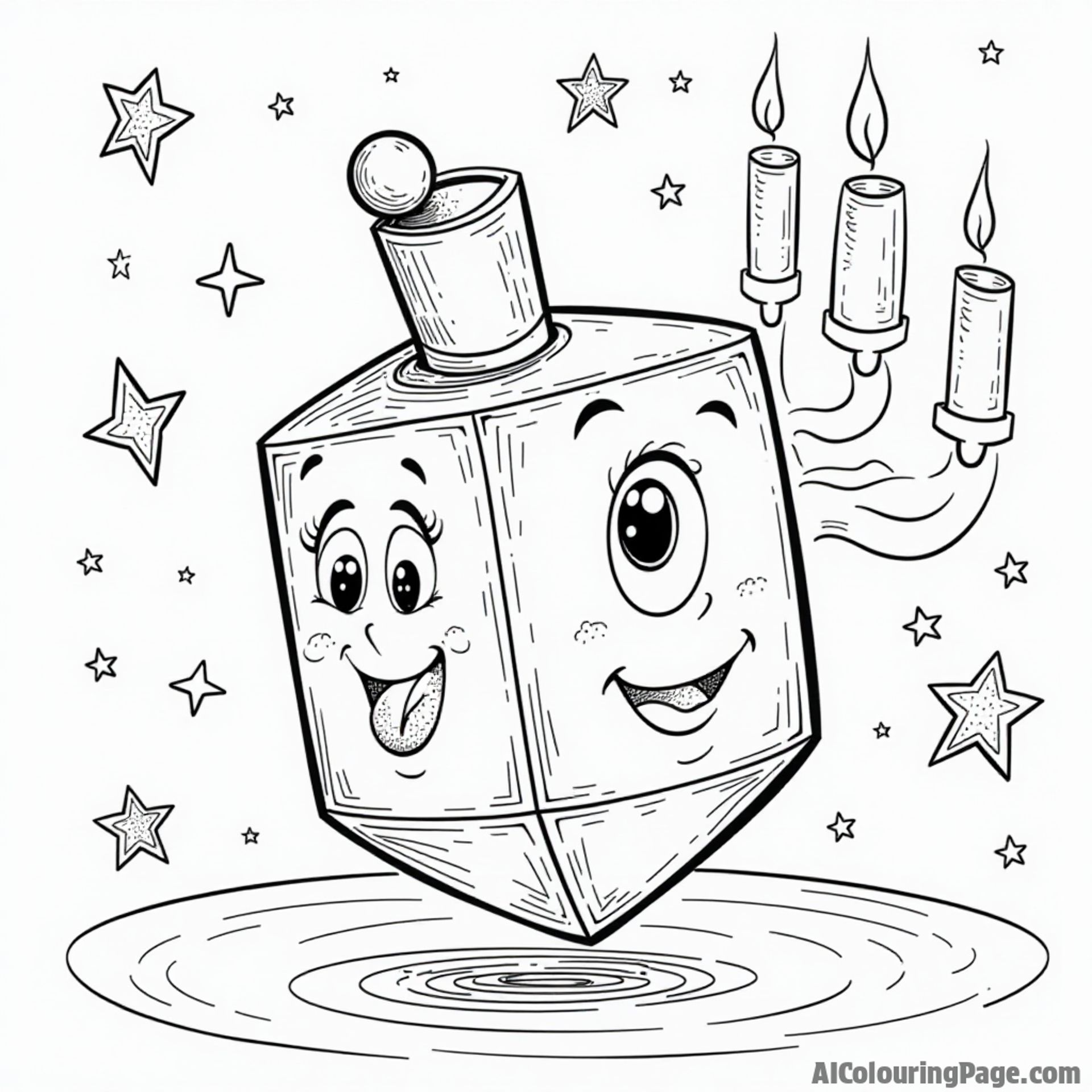 A whimsical dreidel with playful expressions, surrounded by stars and menorah candles, inviting children to color in a fun and engaging Hanukkah celebration scene.