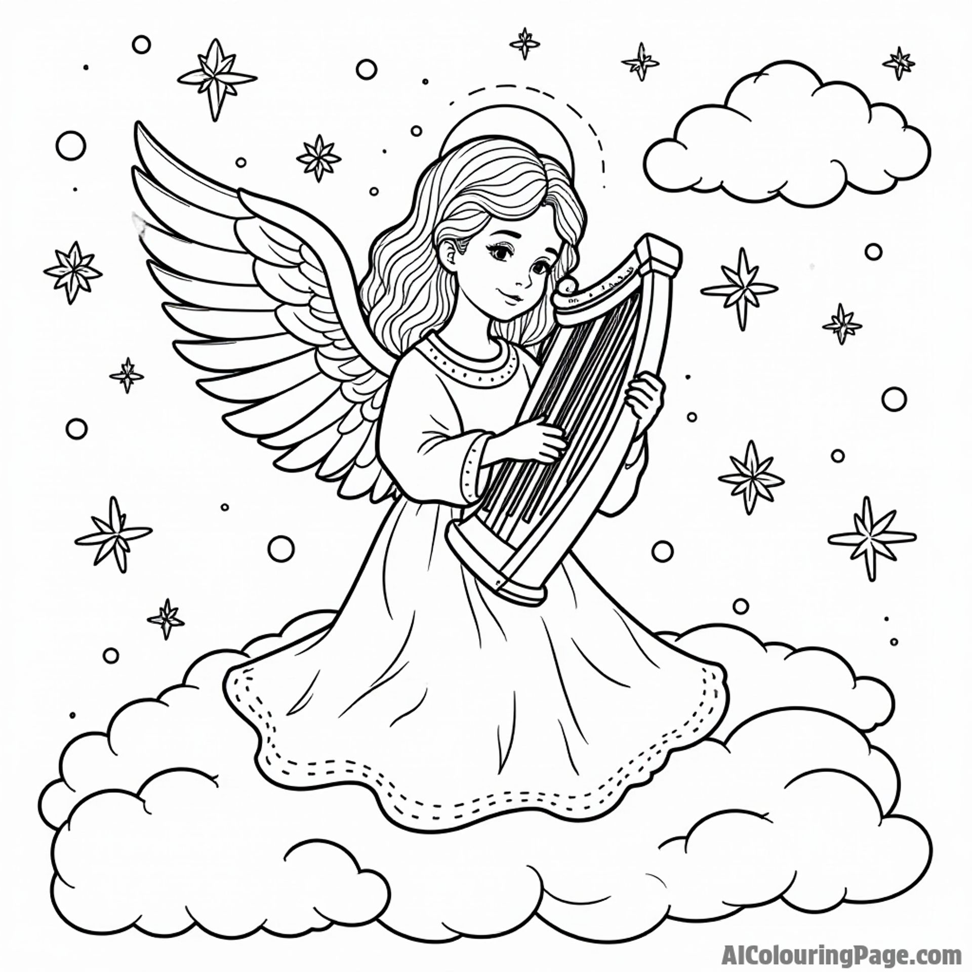 A beautiful angel playing a harp, surrounded by clouds, stars, and Christmas ornaments, creating a heavenly holiday atmosphere.