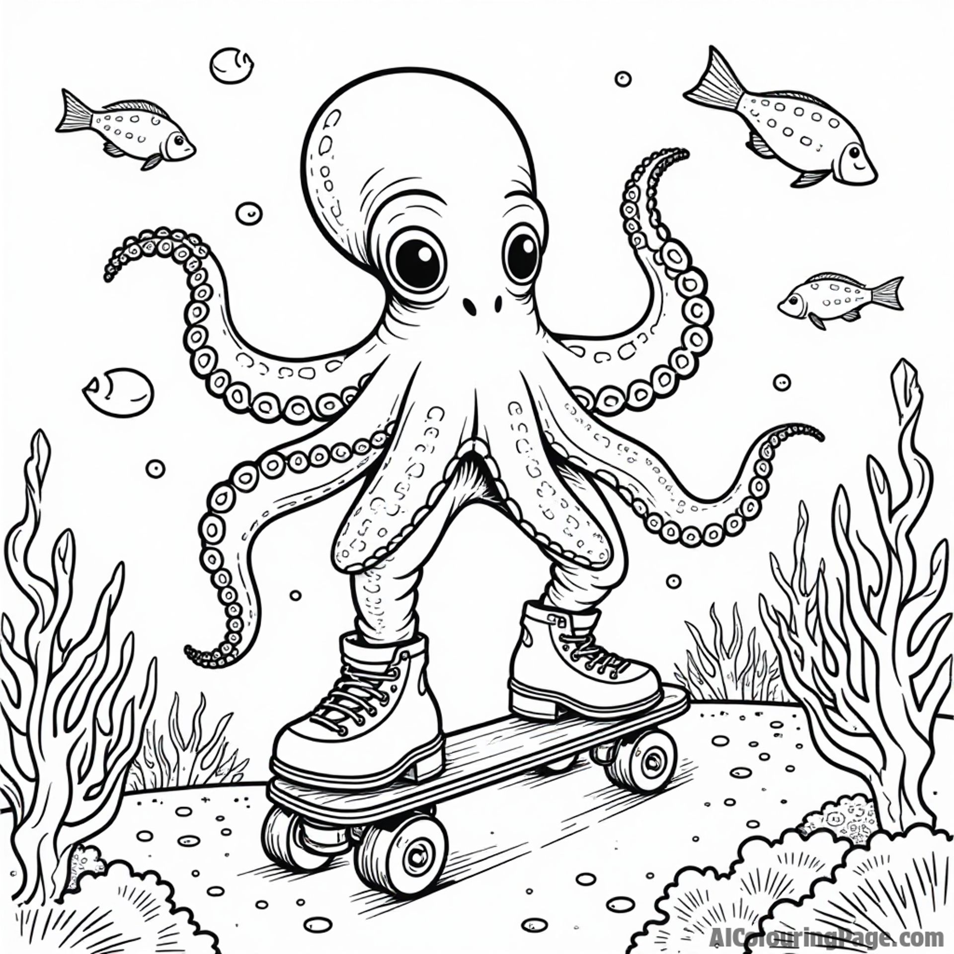 A roller-skating octopus gliding through underwater coral reefs, with fish and bubbles, merging aquatic life with sports activities in a playful and imaginative coloring page for kids.