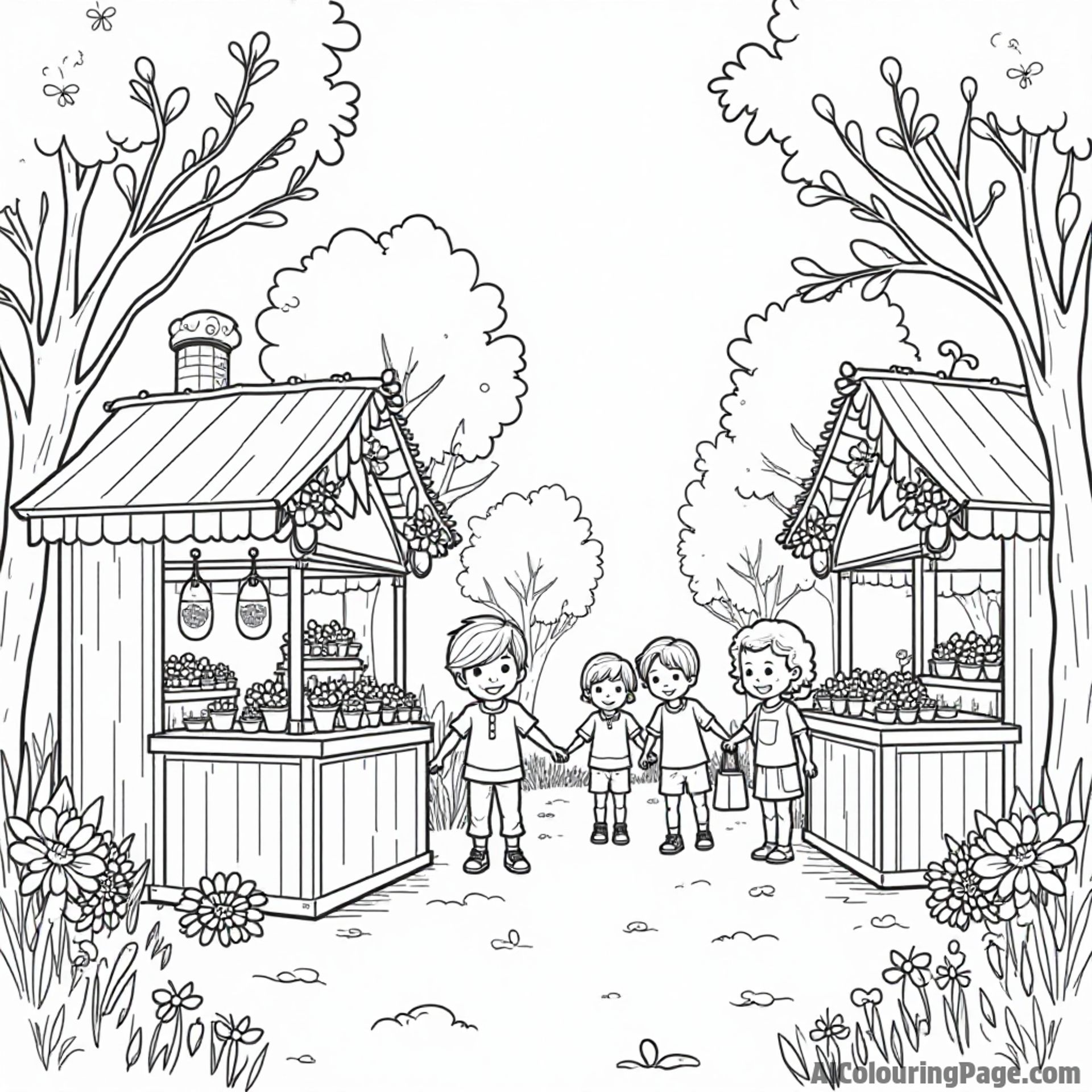A joyful spring festival scene with candy stalls, flower decorations, and children holding candy bags for colorful artistic expression.