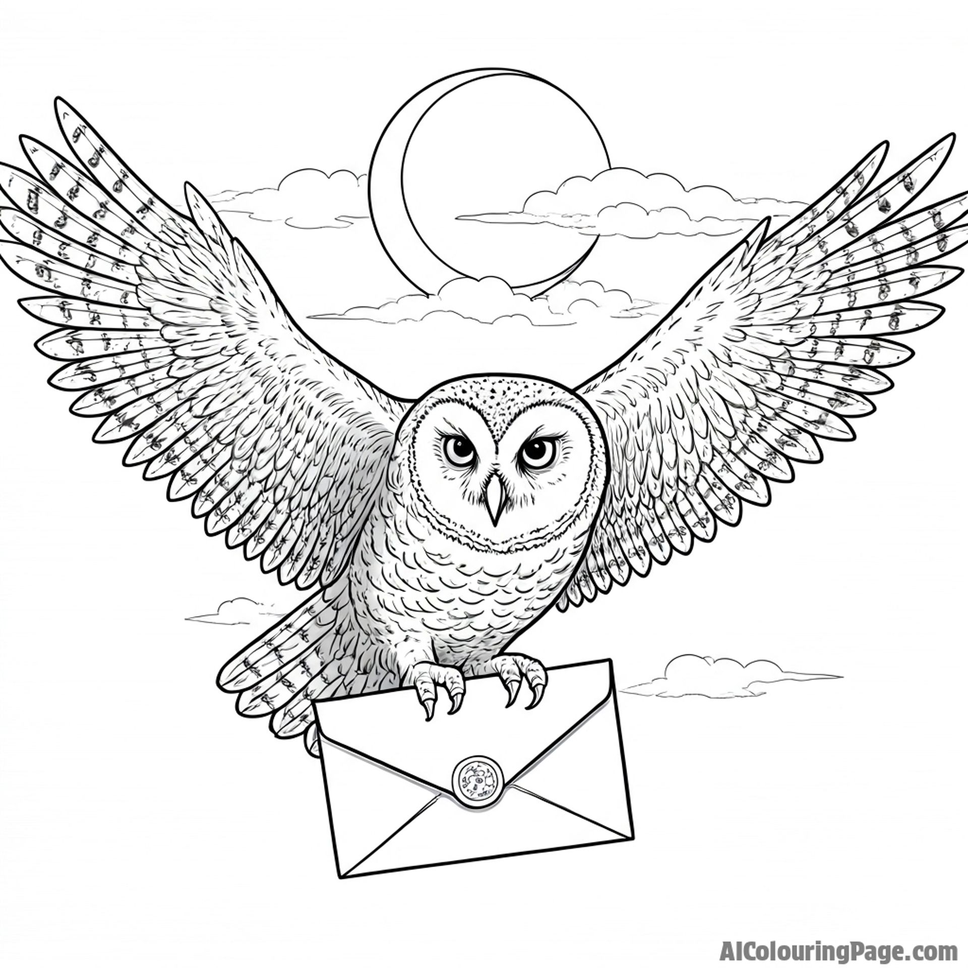 An owl carrying a letter in its talons, flying across a moonlit sky.