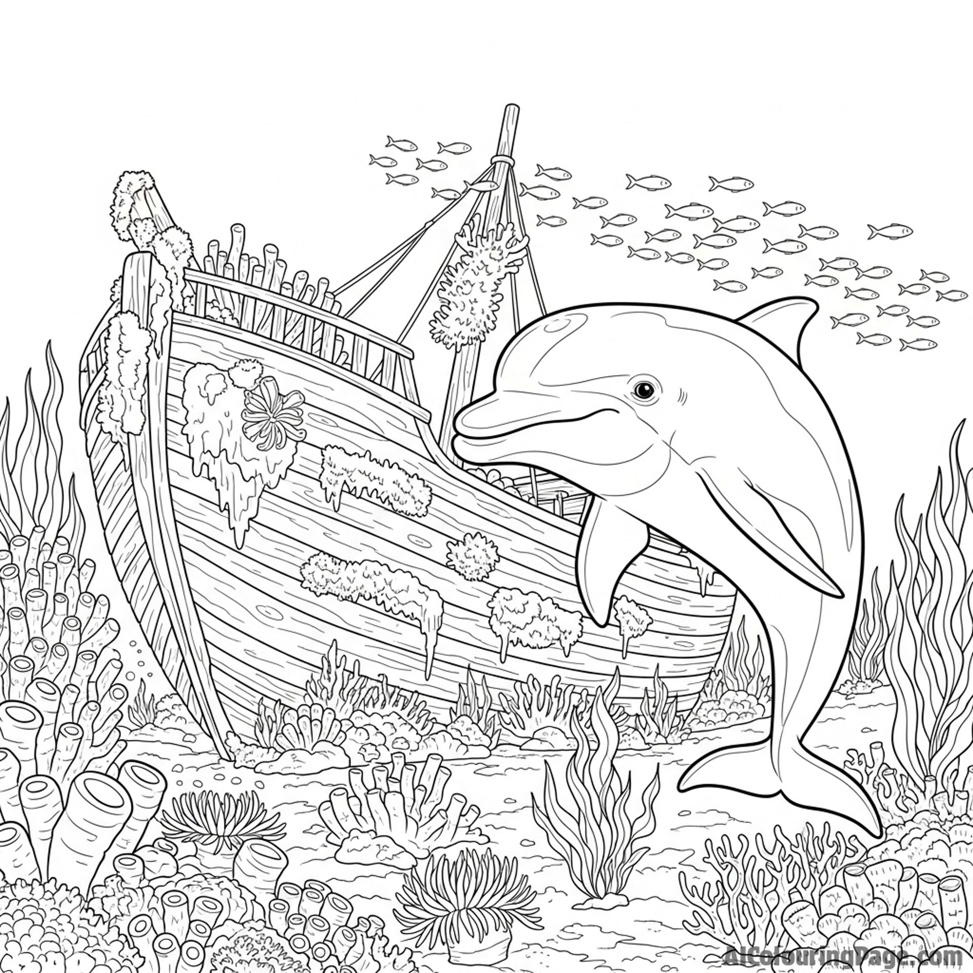 A solitary dolphin curiously investigating a sunken shipwreck overgrown with marine life.