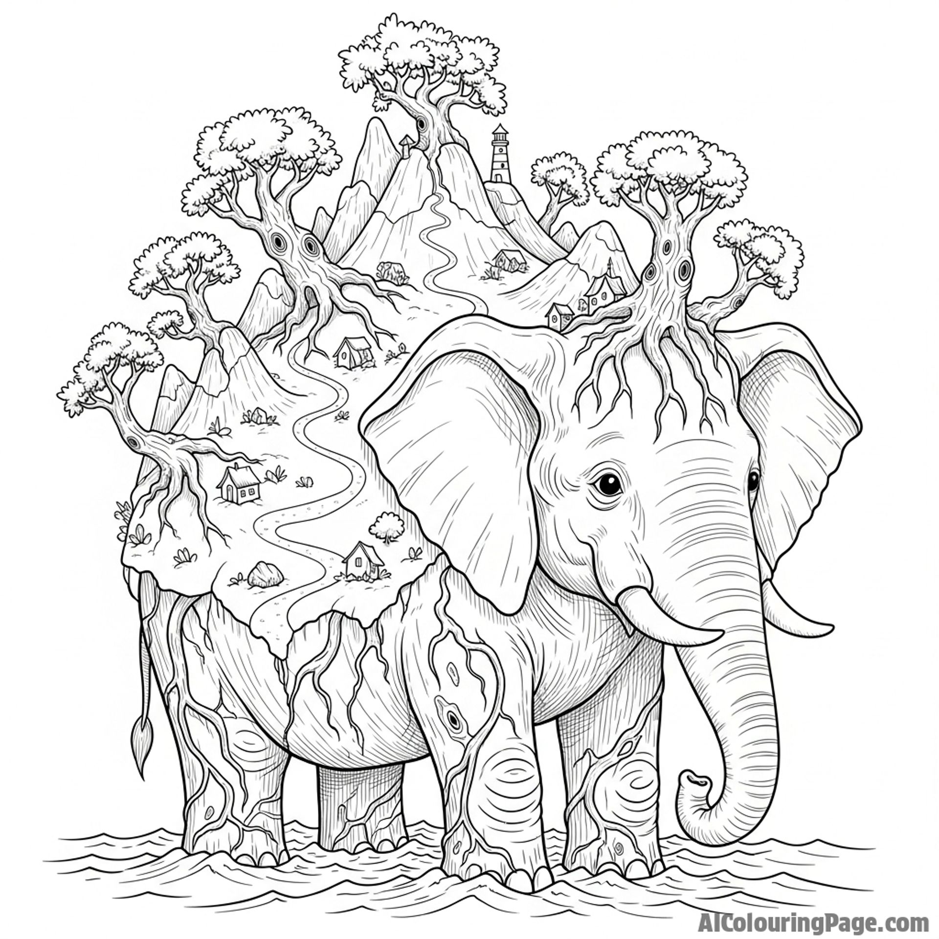 An elephant as a living island, with ancient trees growing on its back.