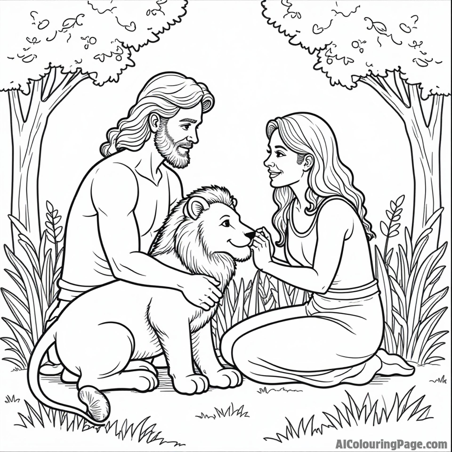 Adam and Eve playing with a friendly lion in the Garden