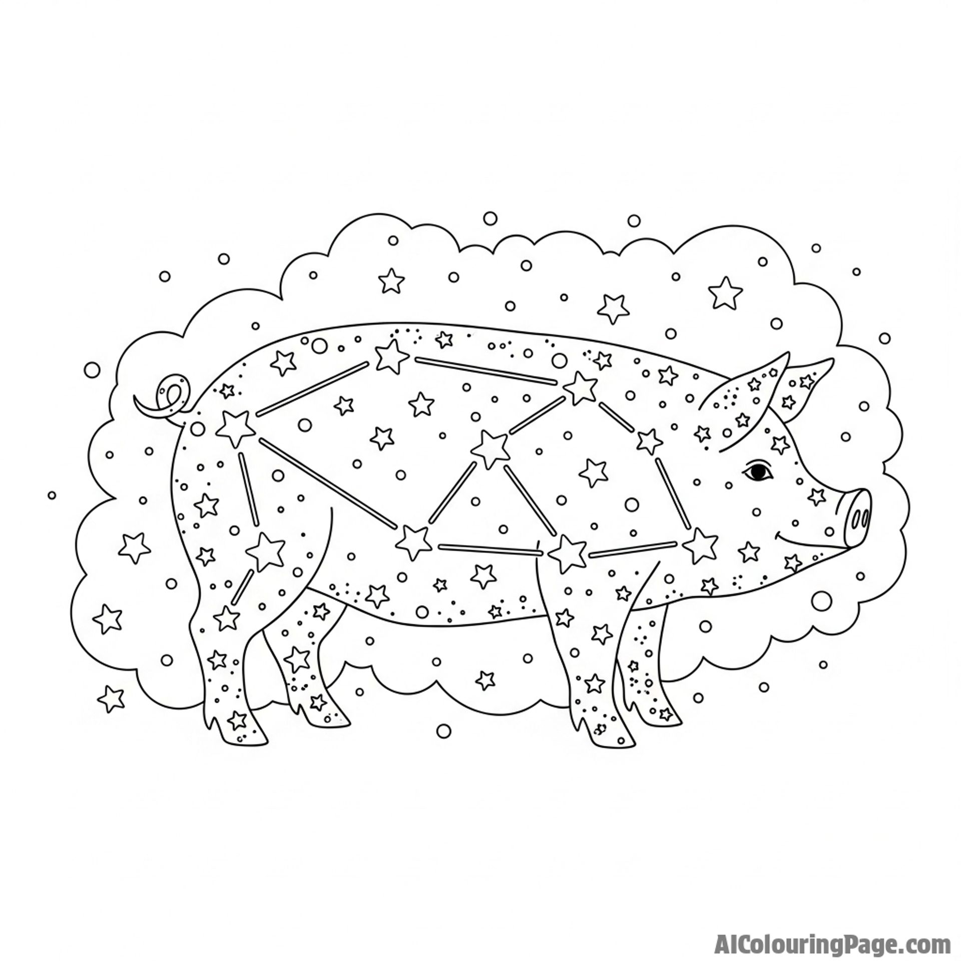 A pig made of constellations and stardust against a deep space background.