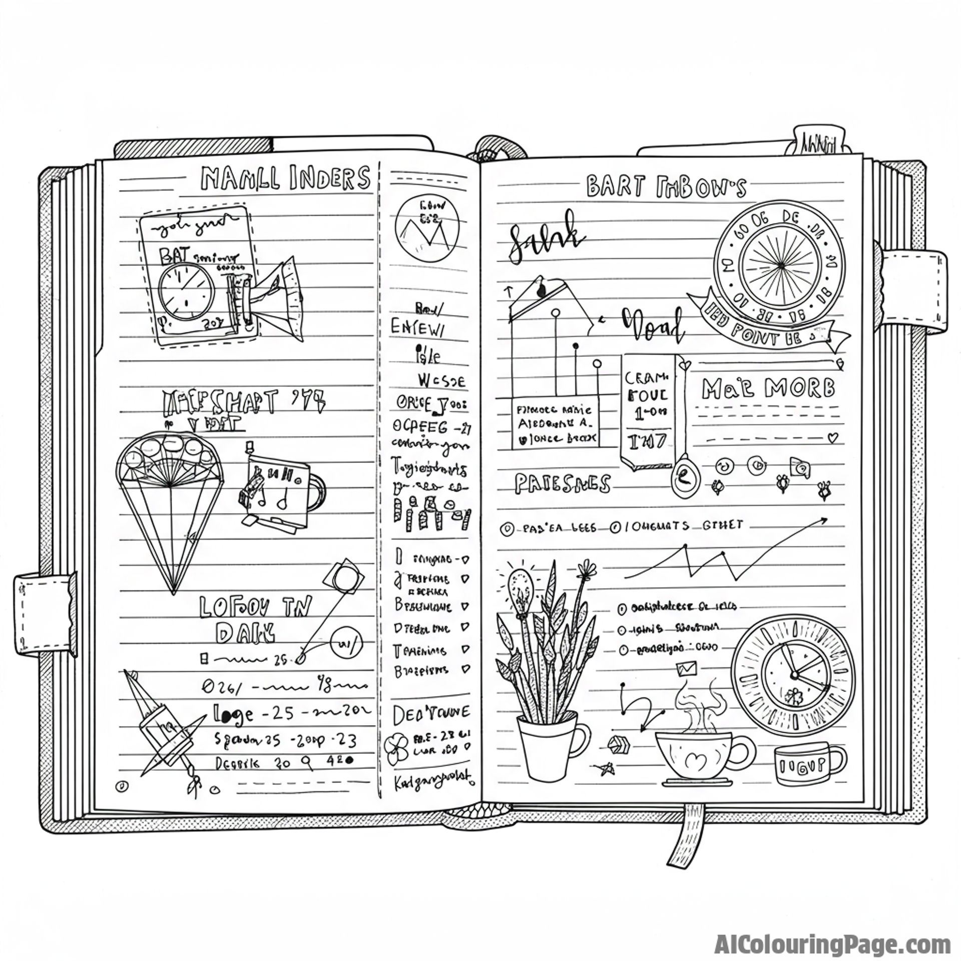 An open notebook filled with handwritten notes and sketches.