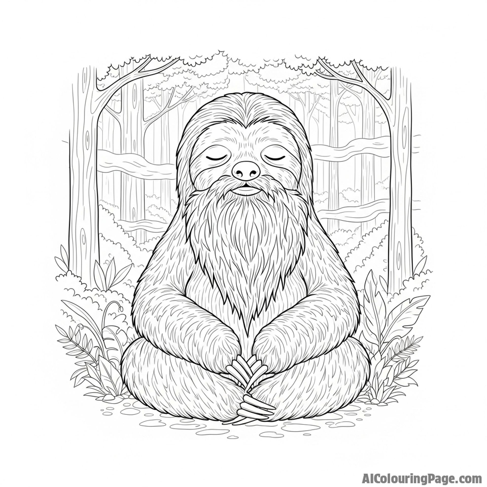 A wise old sloth with a long beard of moss, meditating in a misty forest.