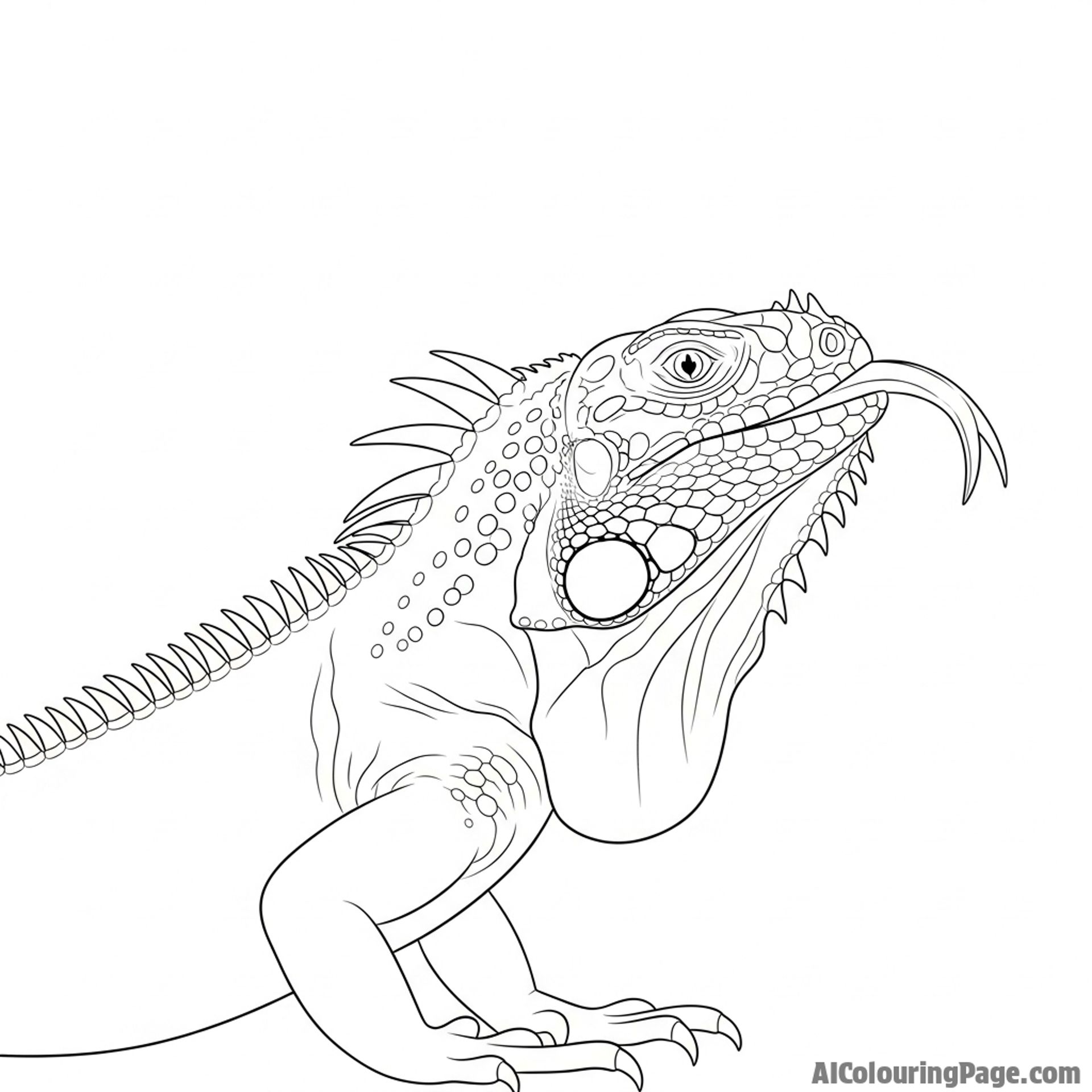 An iguana flicks its forked tongue out to taste the air.