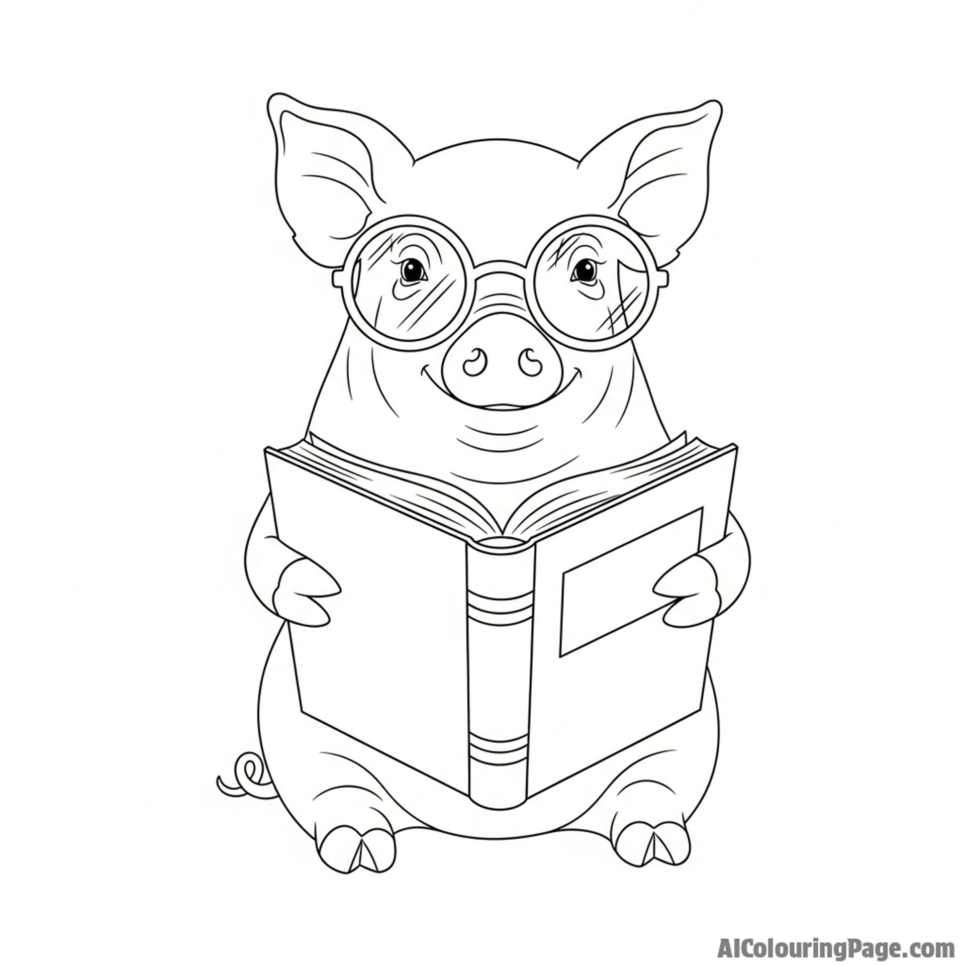 A pig wearing oversized reading glasses, engrossed in a thick book.