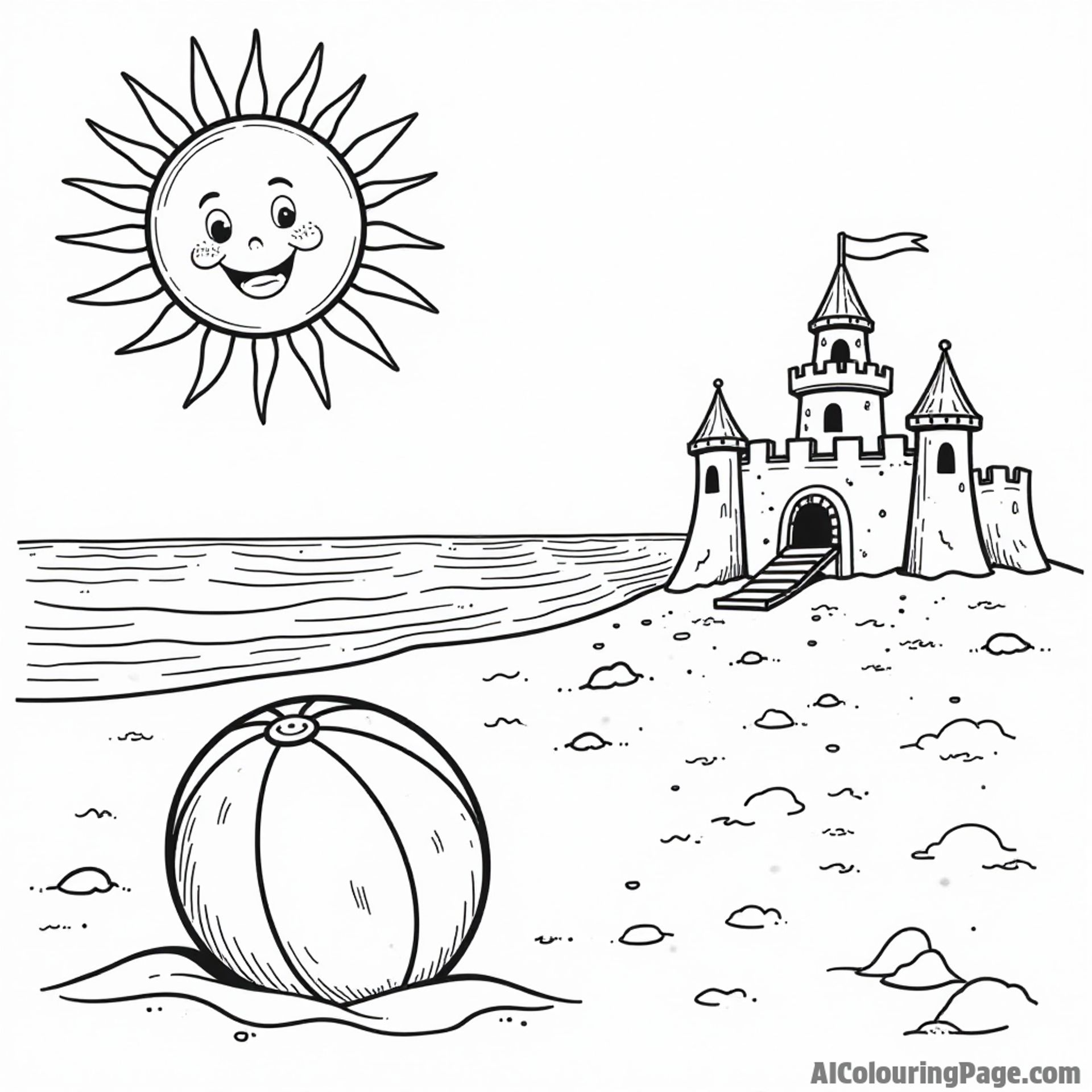 A fun beach scene with a smiling sun, a cheerful beach ball character, and playful sandcastle in the background.