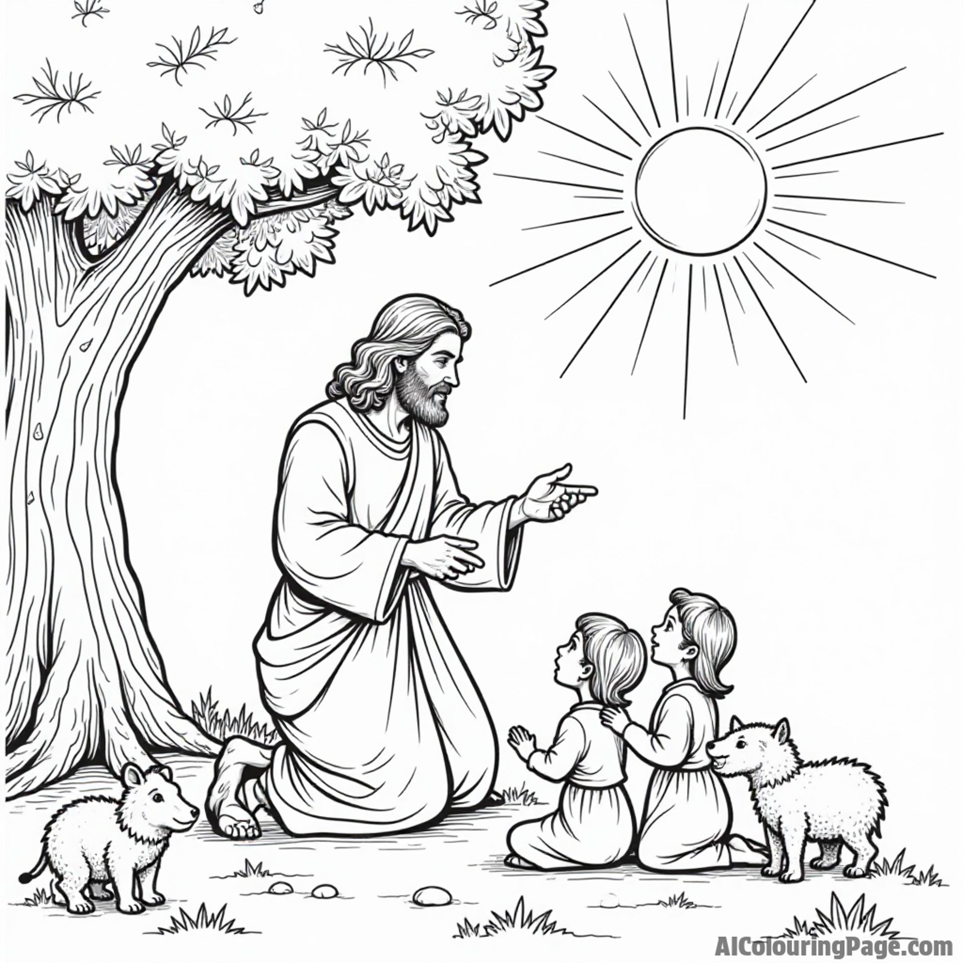 Jesus teaching children under a tree, surrounded by playful animals, with a bright sun shining above them