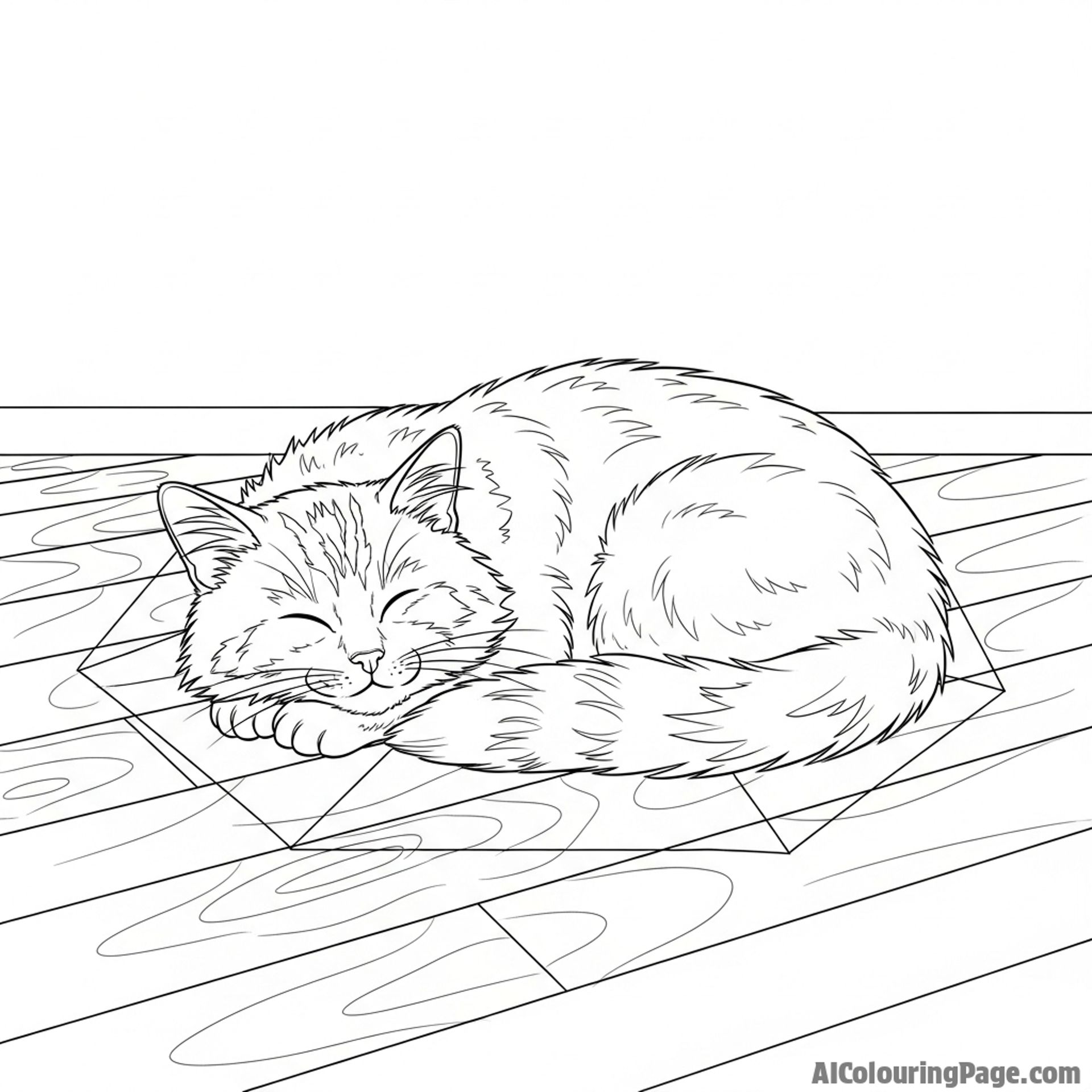 A fluffy cat napping in a sunbeam on a wooden floor.