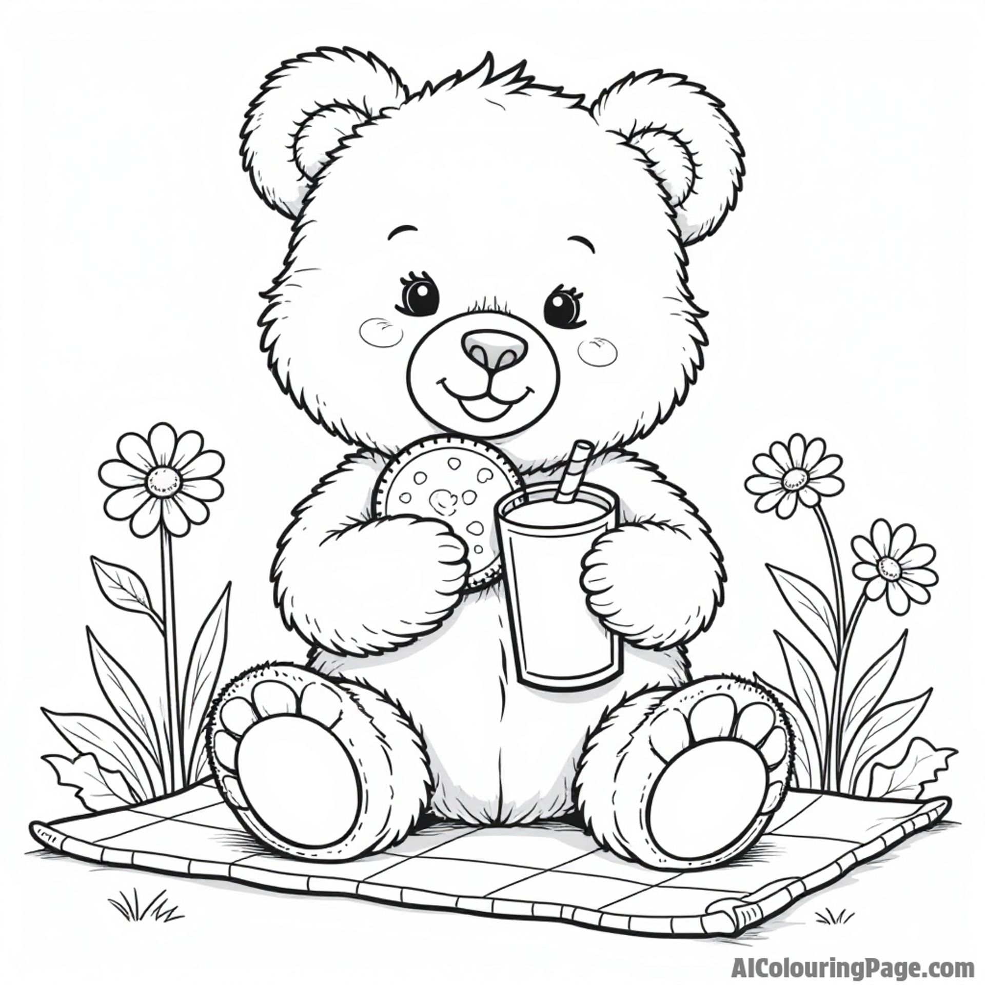 A cute teddy bear holding a cookie and a glass of milk, sitting on a picnic blanket surrounded by flowers.