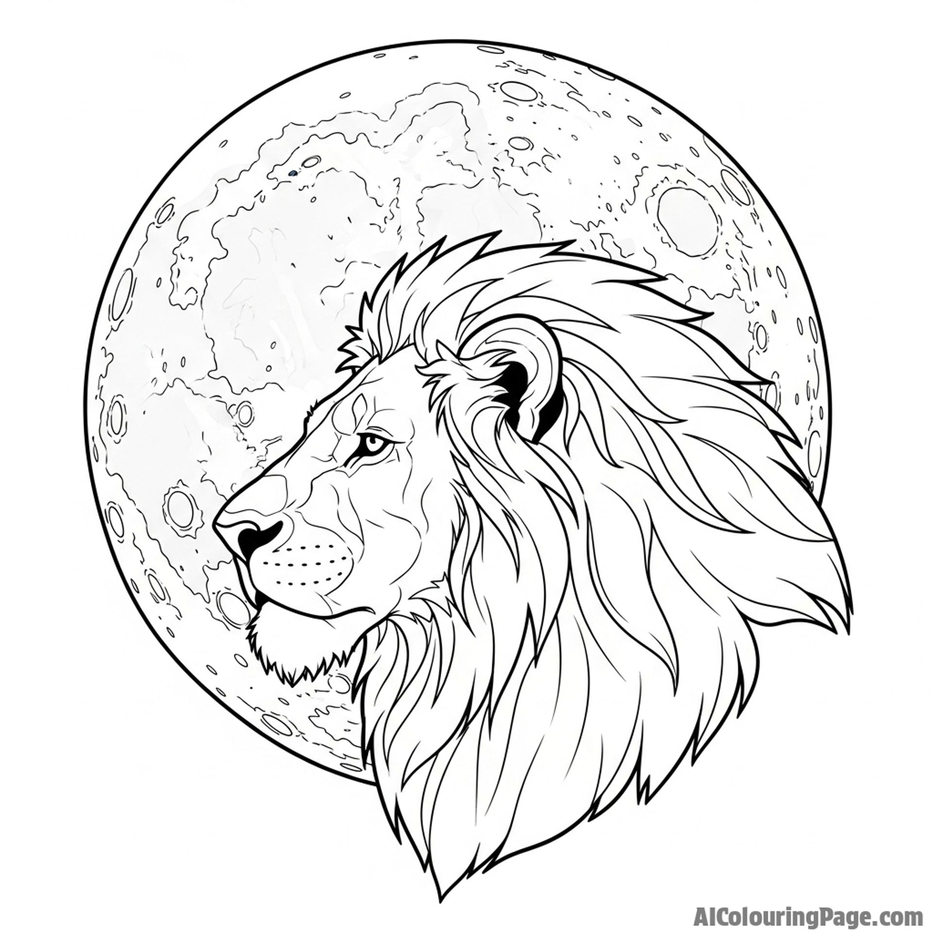 A lion's regal profile silhouetted against a massive, detailed full moon.