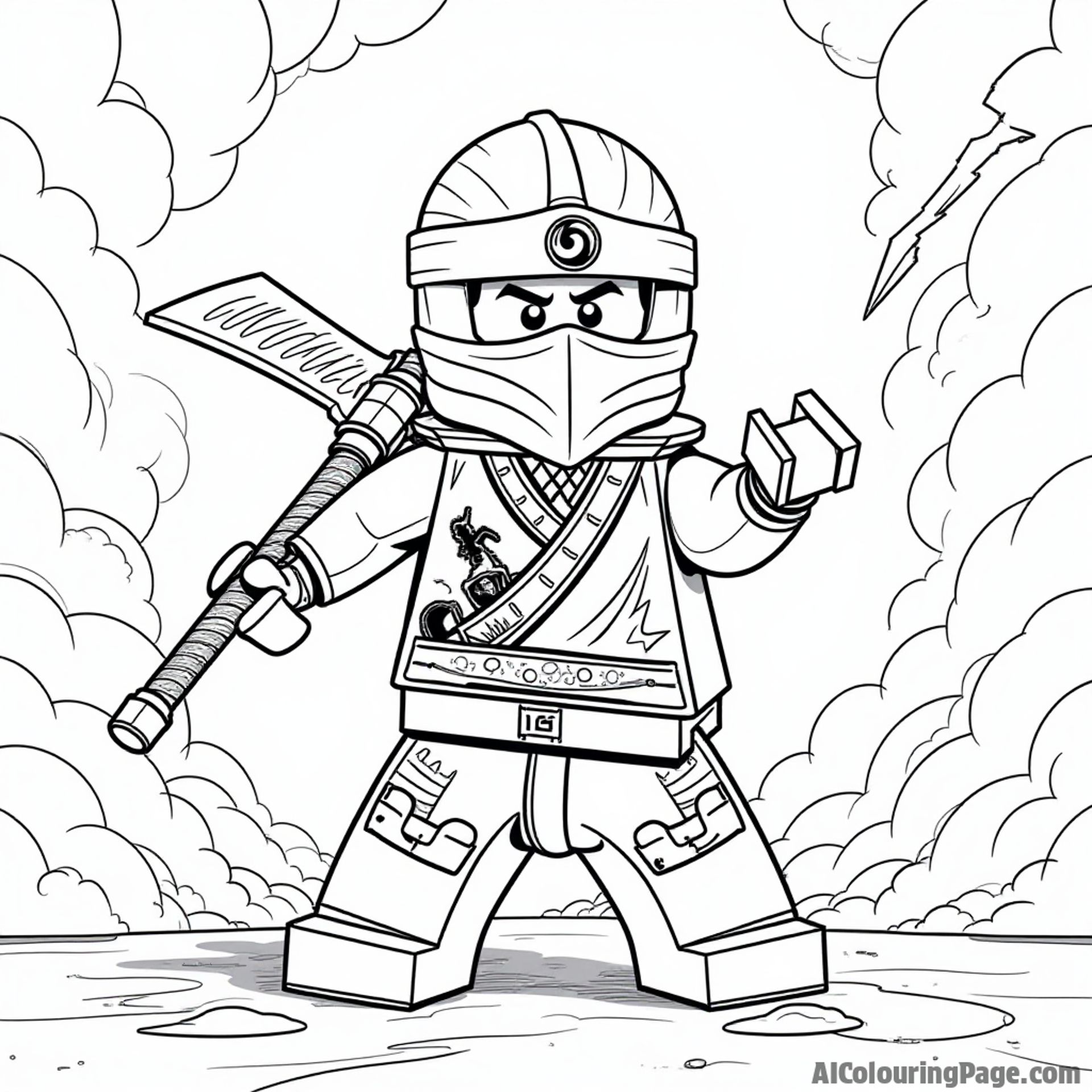 A Lego Ninjago character showcasing their unique weapon in an epic stance, with a dramatic background of swirling clouds and lightning, designed to inspire creativity in young artists.