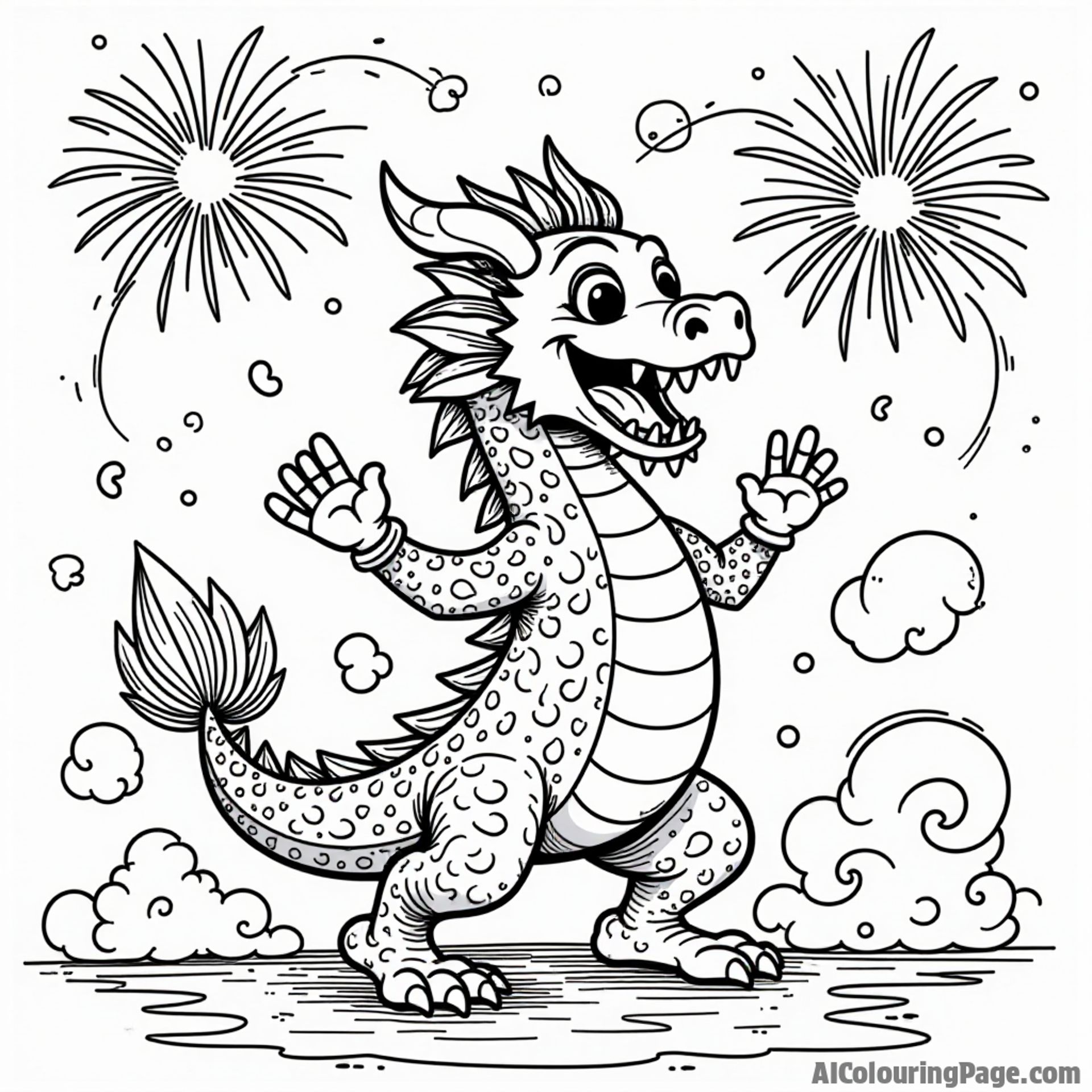 A joyful dragon dancing amidst clouds of colorful smoke and fireworks, celebrating the joy of Diwali with vibrant energy, suitable for an exciting coloring adventure in Festivals and Traditions Coloring Sheets.
