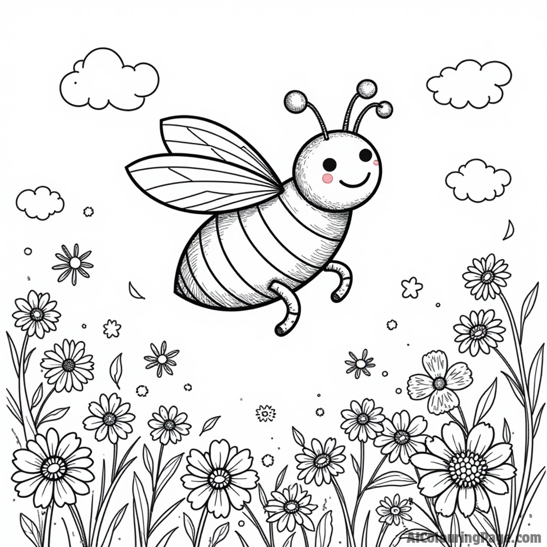A bee dressed as a superhero flying over a city of flowers, with other insects cheering it on from below.