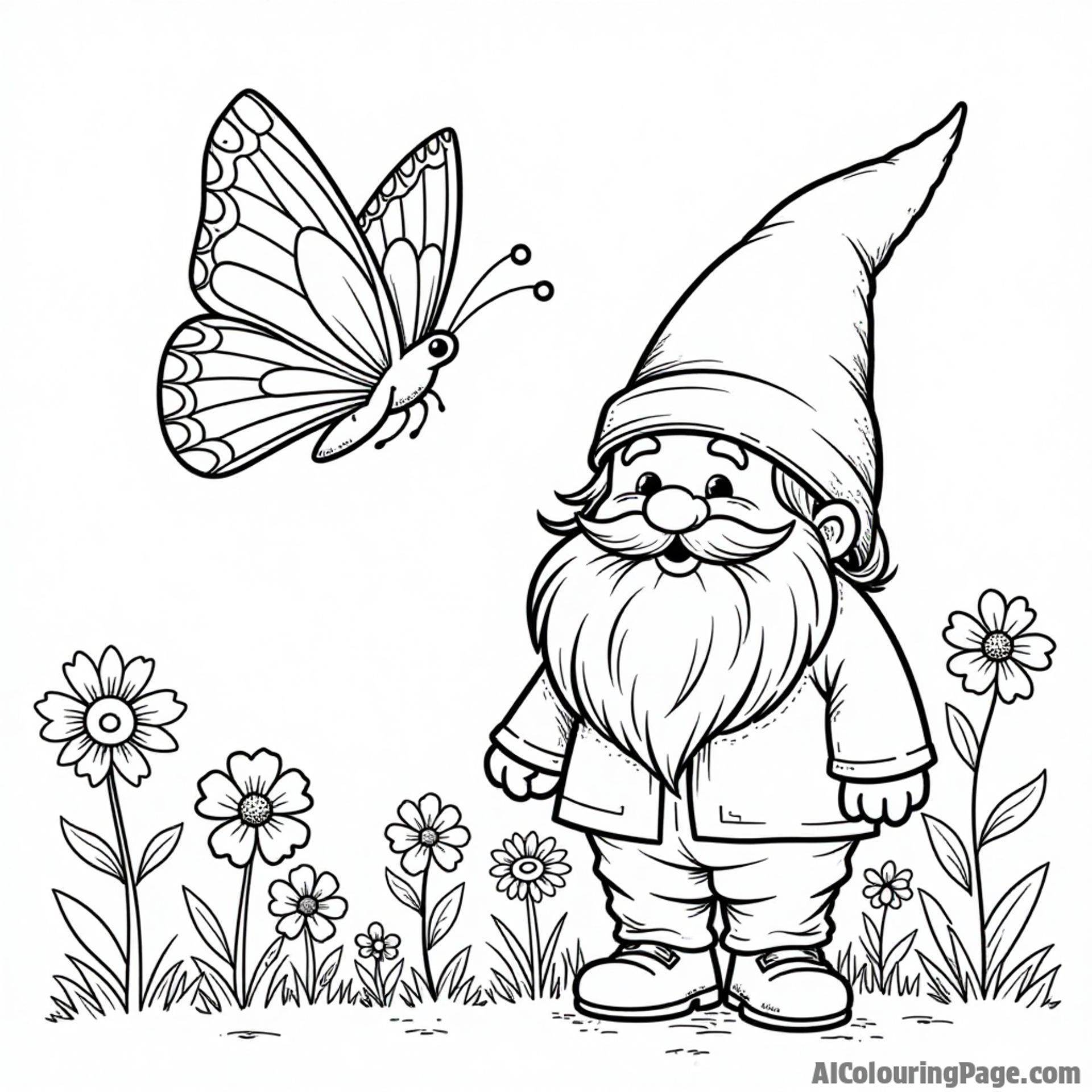A butterfly fluttering above a garden gnome surrounded by flowers, creating a whimsical scene for kids to color.