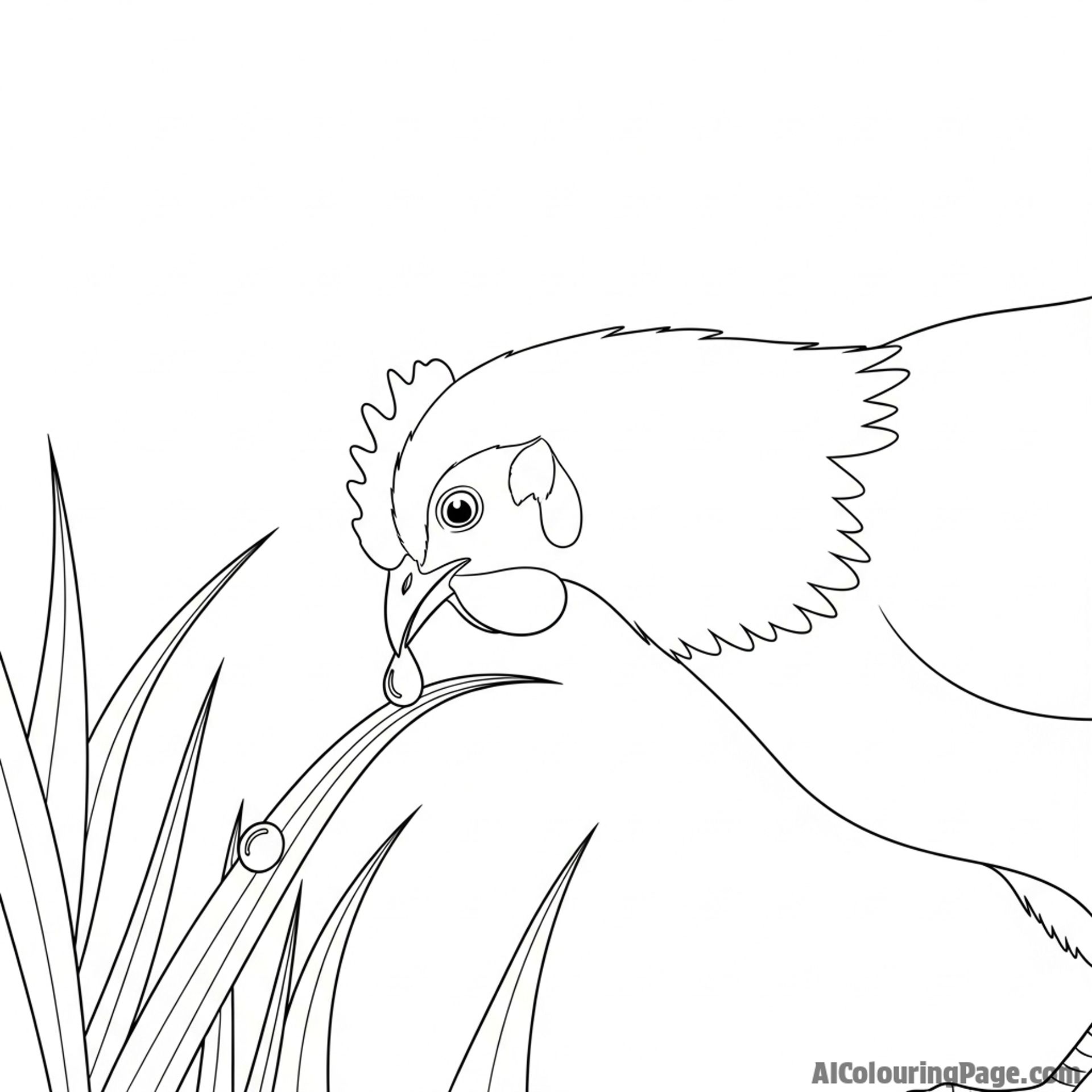 A chicken curiously pecking at a dewdrop on a blade of grass.