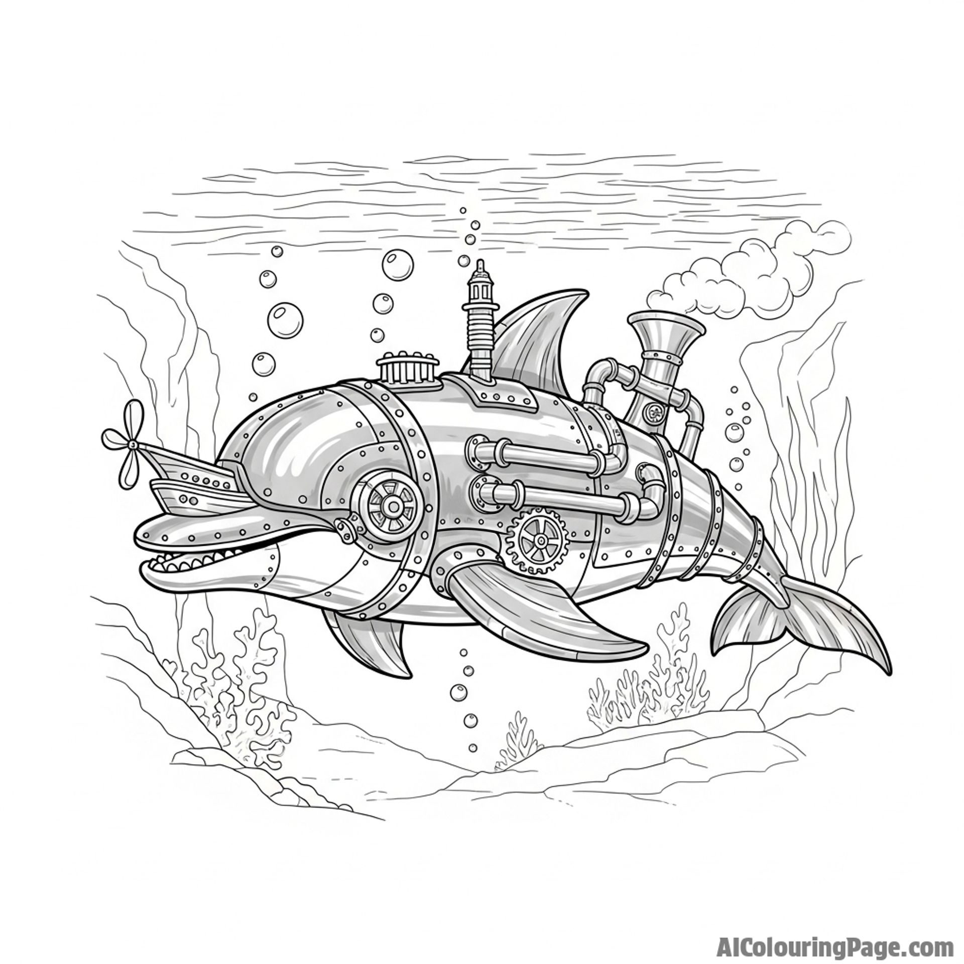 A steampunk dolphin with exposed gears and polished metallic parts, navigating the deep abyss.