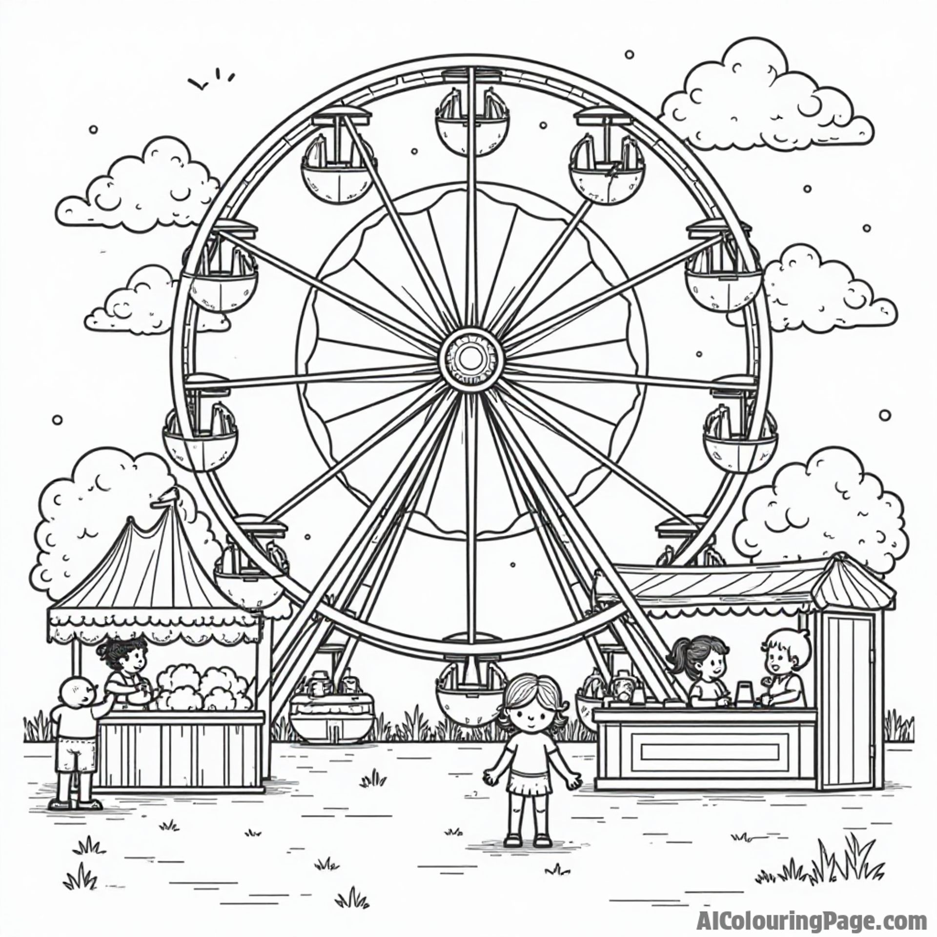 A playful scene of Minnesota state fair with a Ferris wheel, cotton candy stand, and children enjoying the fun rides.