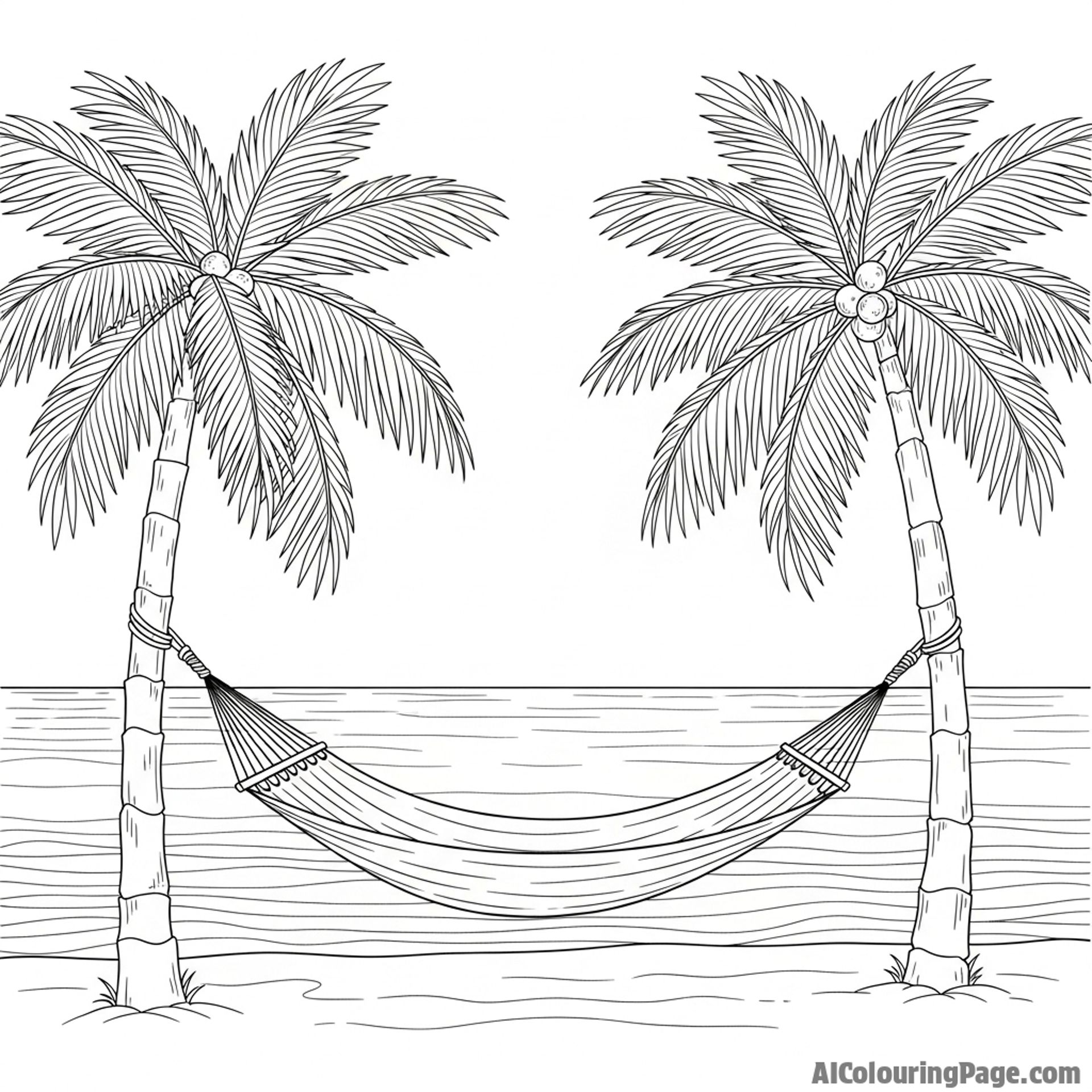 A hammock strung between two palm trees, overlooking the ocean.