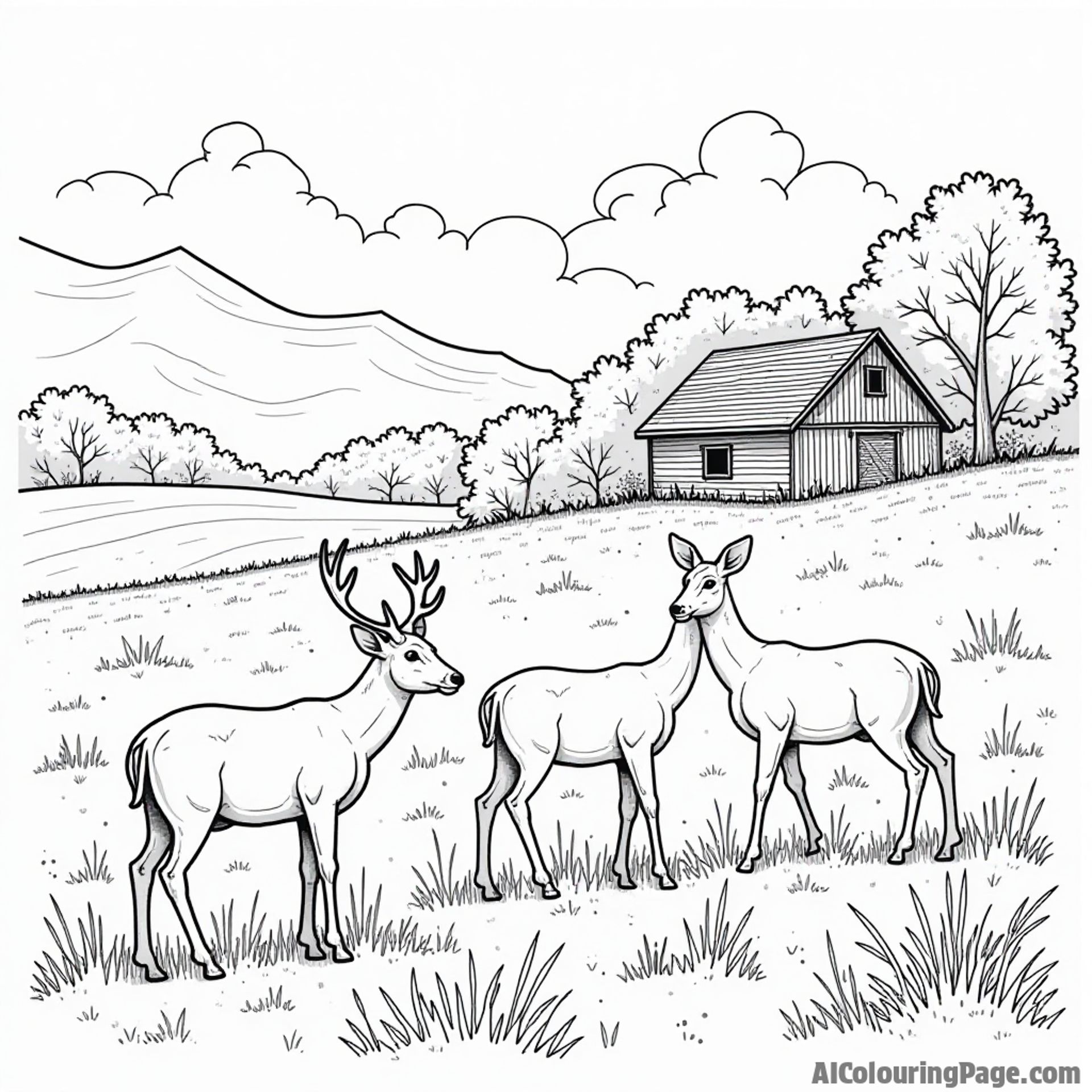 A family of deer grazing peacefully in a West Virginia meadow with a rustic barn in the background for coloring