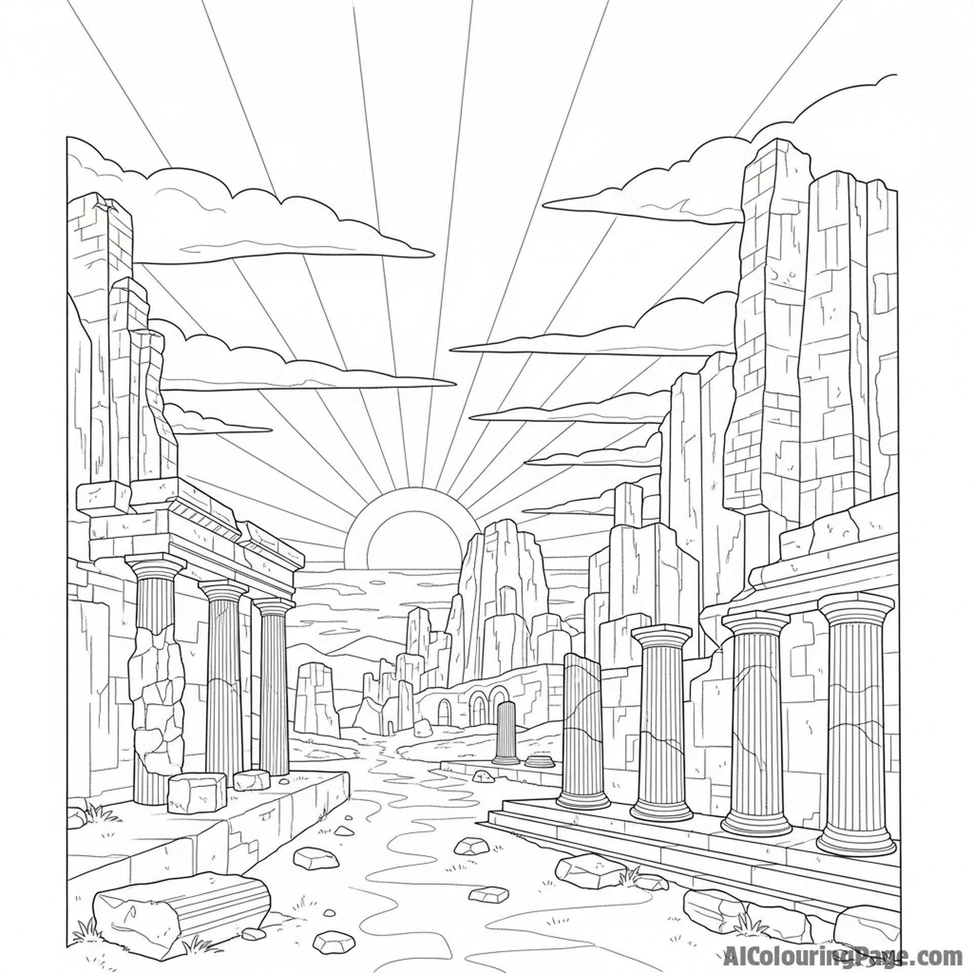 Sunset over an ancient ruin.