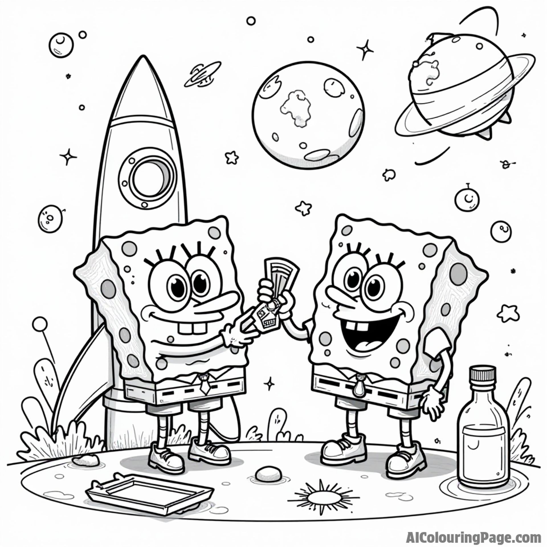 Sandy Cheeks and SpongeBob experimenting with rockets, surrounded by science equipment and drawings of space exploration
