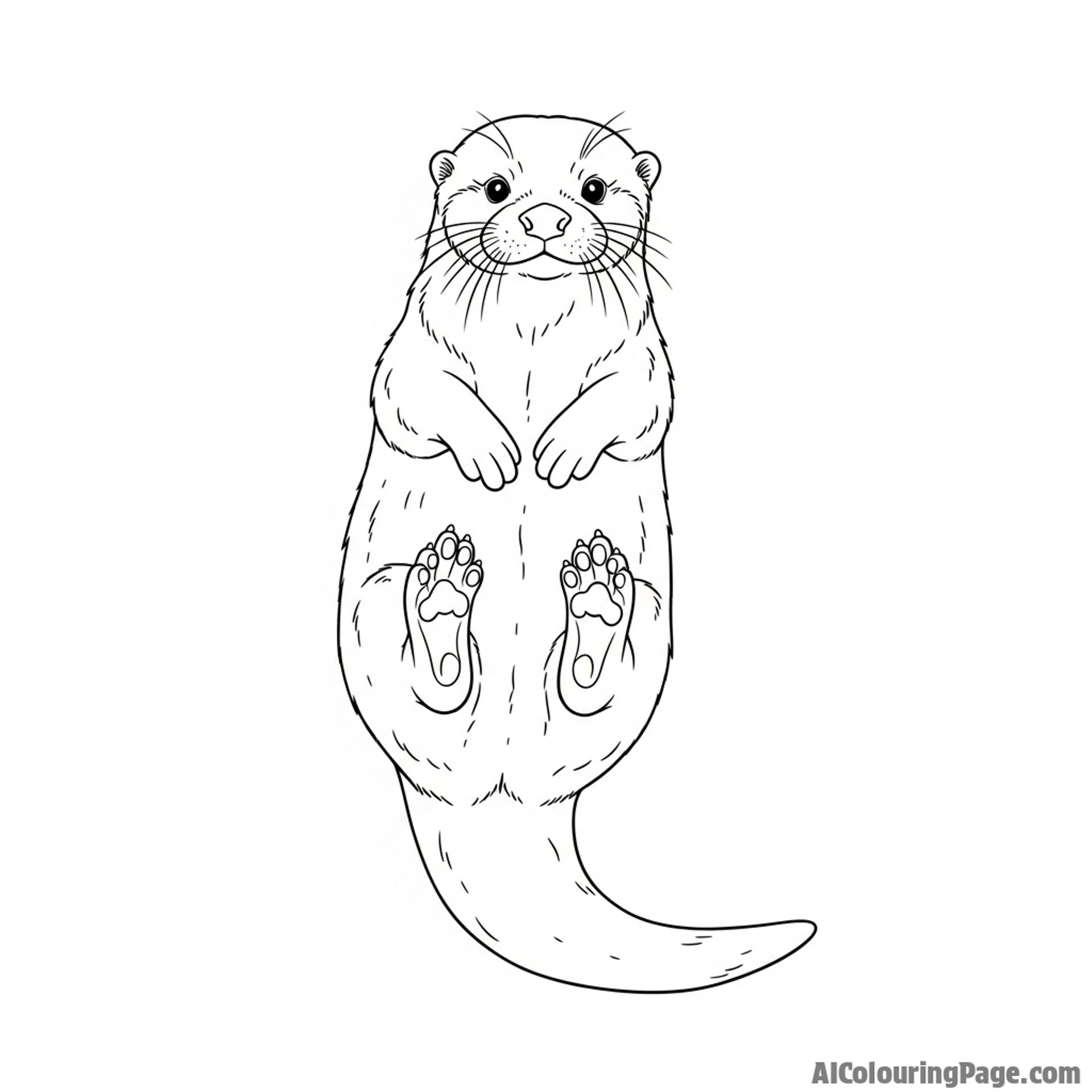 A top-down view of a solitary otter floating on its back.