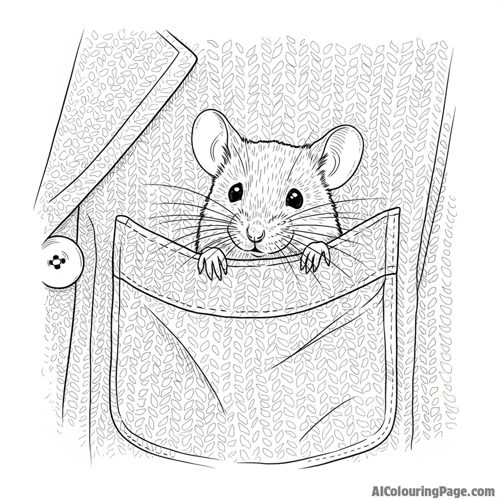 A mouse peeking out of a pocket in a well-worn, tweed jacket.