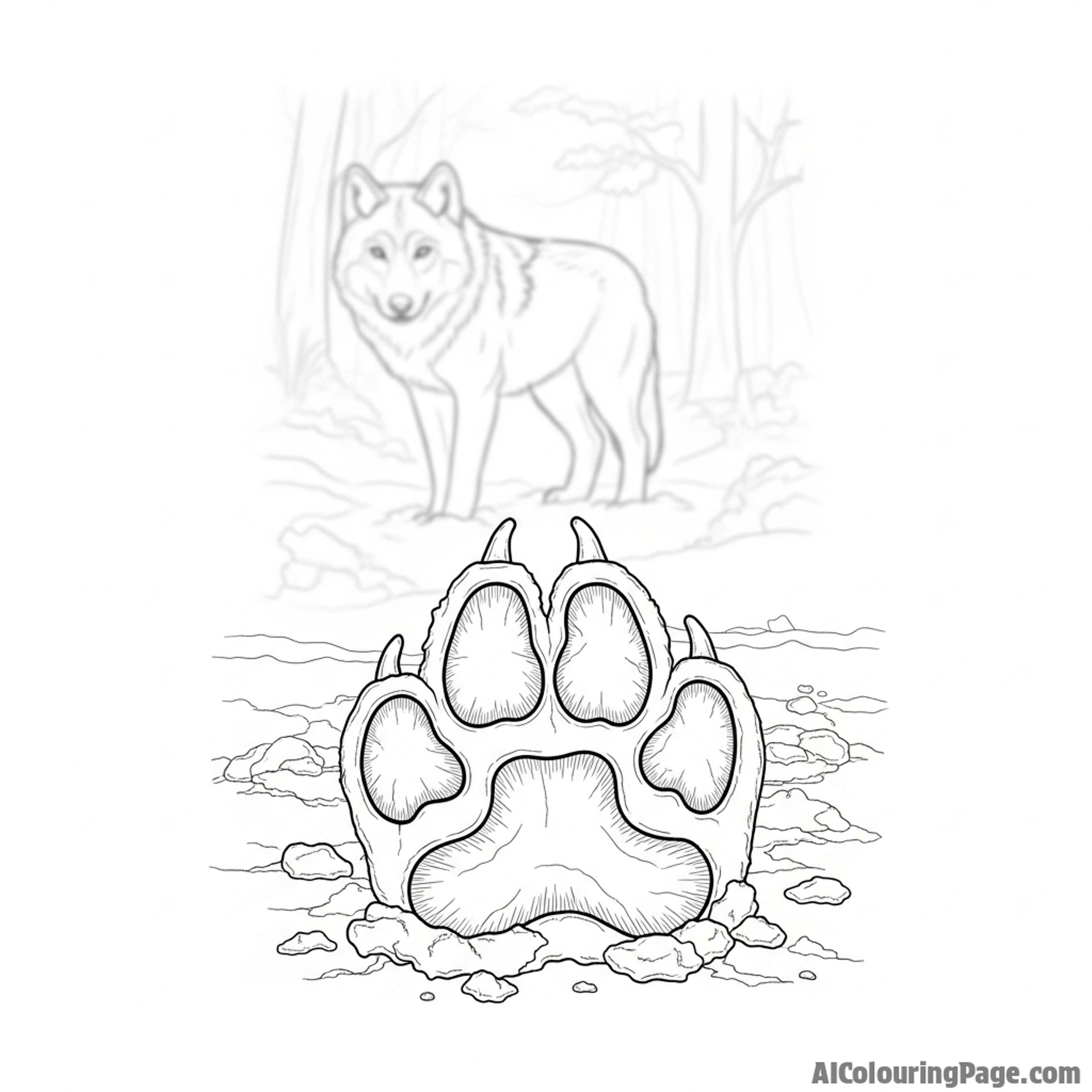 A wolf's paw print left in the mud, with the out-of-focus shape of the wolf disappearing into the mist.
