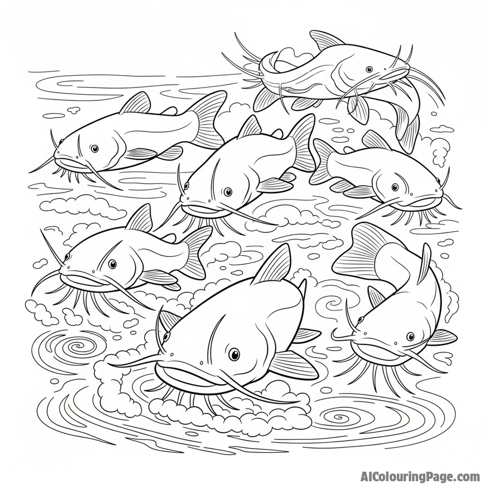A group of catfish stirring up the murky bottom of a riverbed.