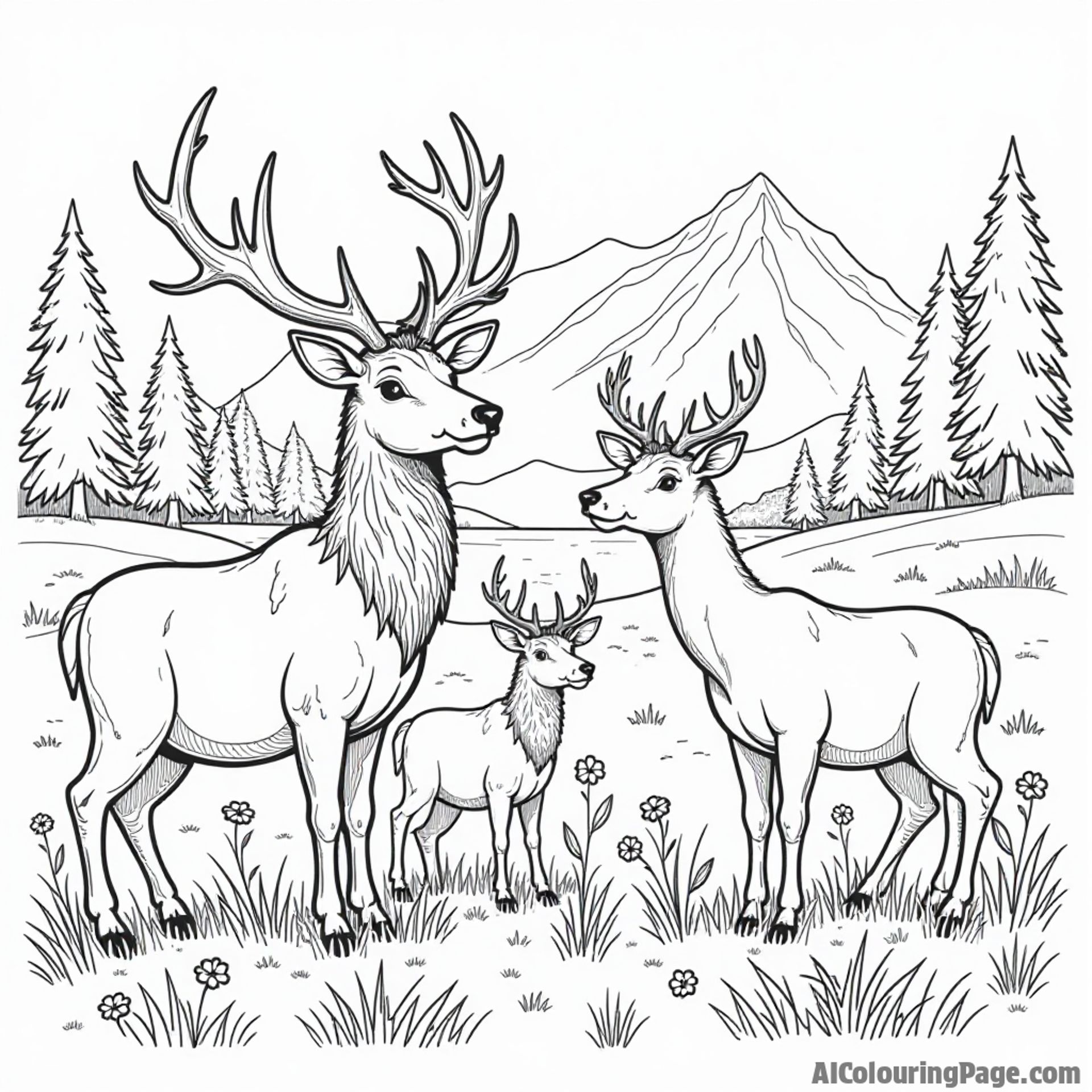 A playful family of elk standing in a sunny meadow surrounded by wildflowers and a distant view of the Rockies.