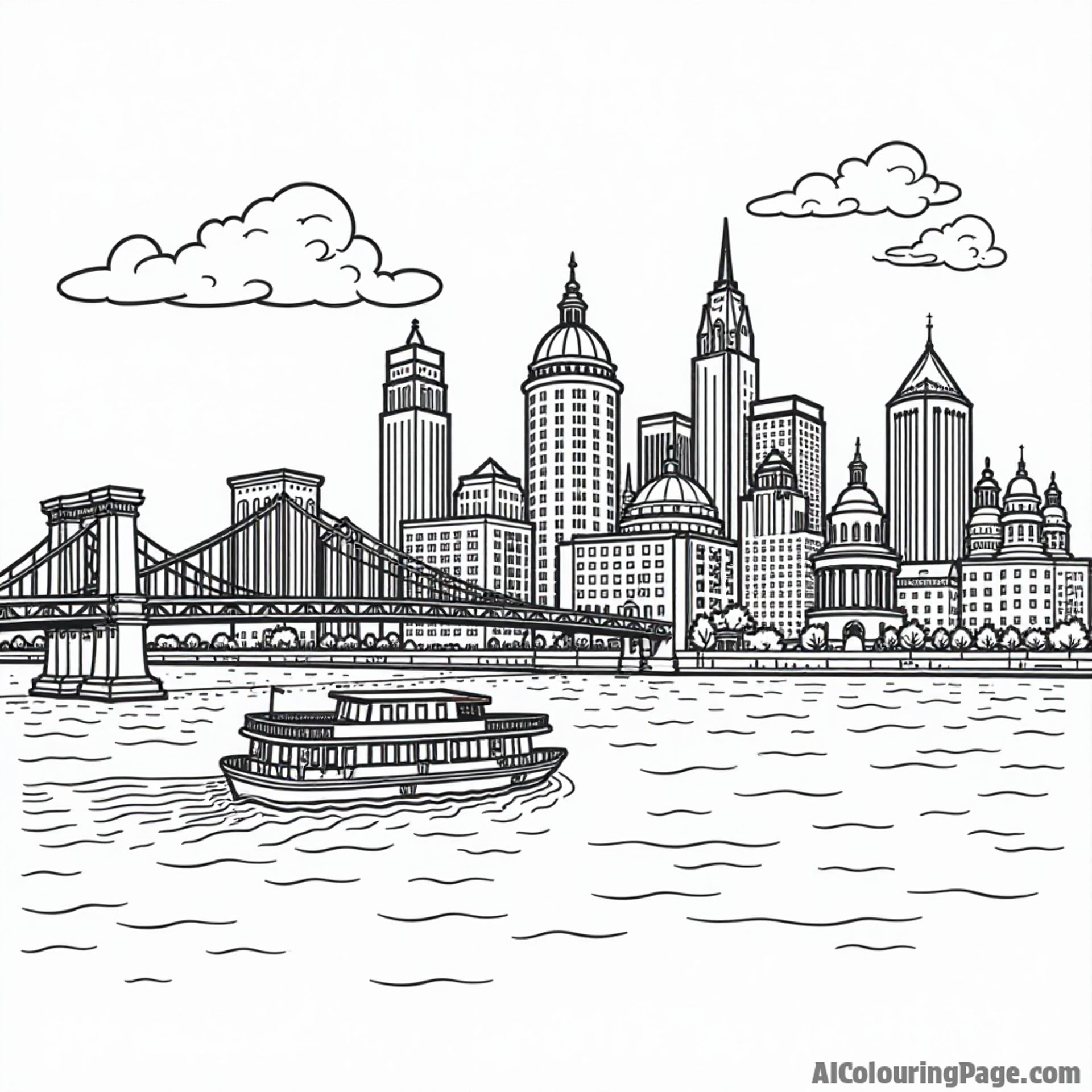 A whimsical representation of the Cincinnati skyline featuring a riverboat, bridge, and iconic buildings for children to color