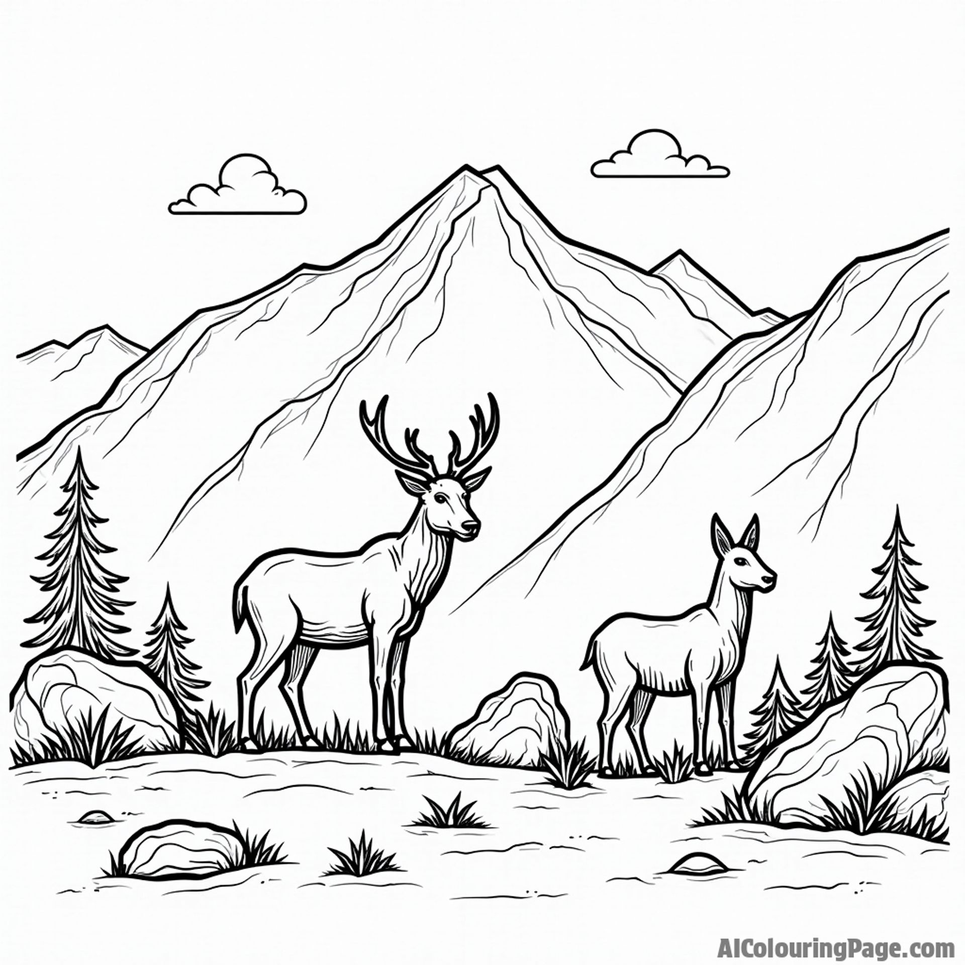A petroglyph depiction of mountain animals on a rock wall.