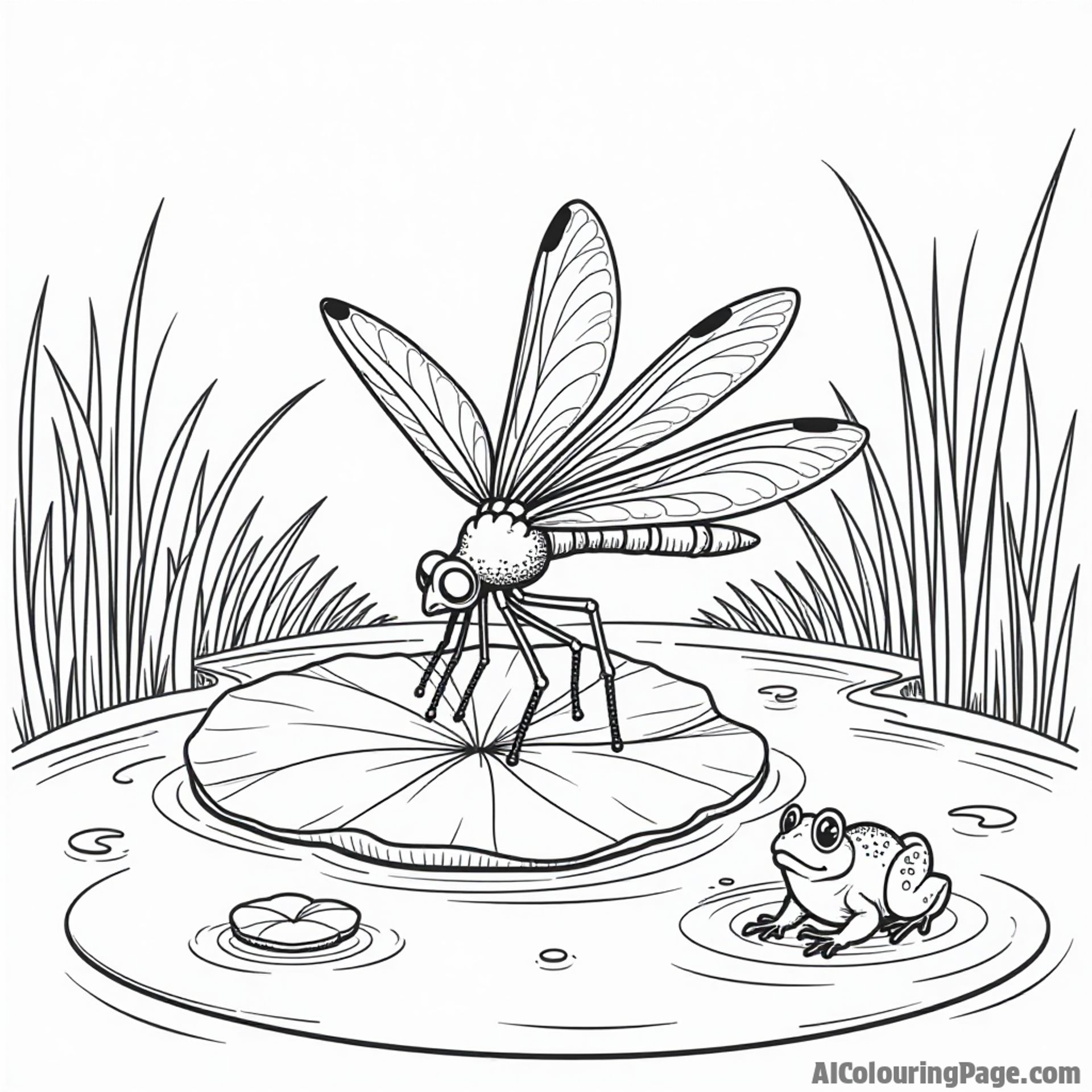 A dragonfly resting on a lily pad in a serene pond surrounded by tall grass and a friendly frog nearby.