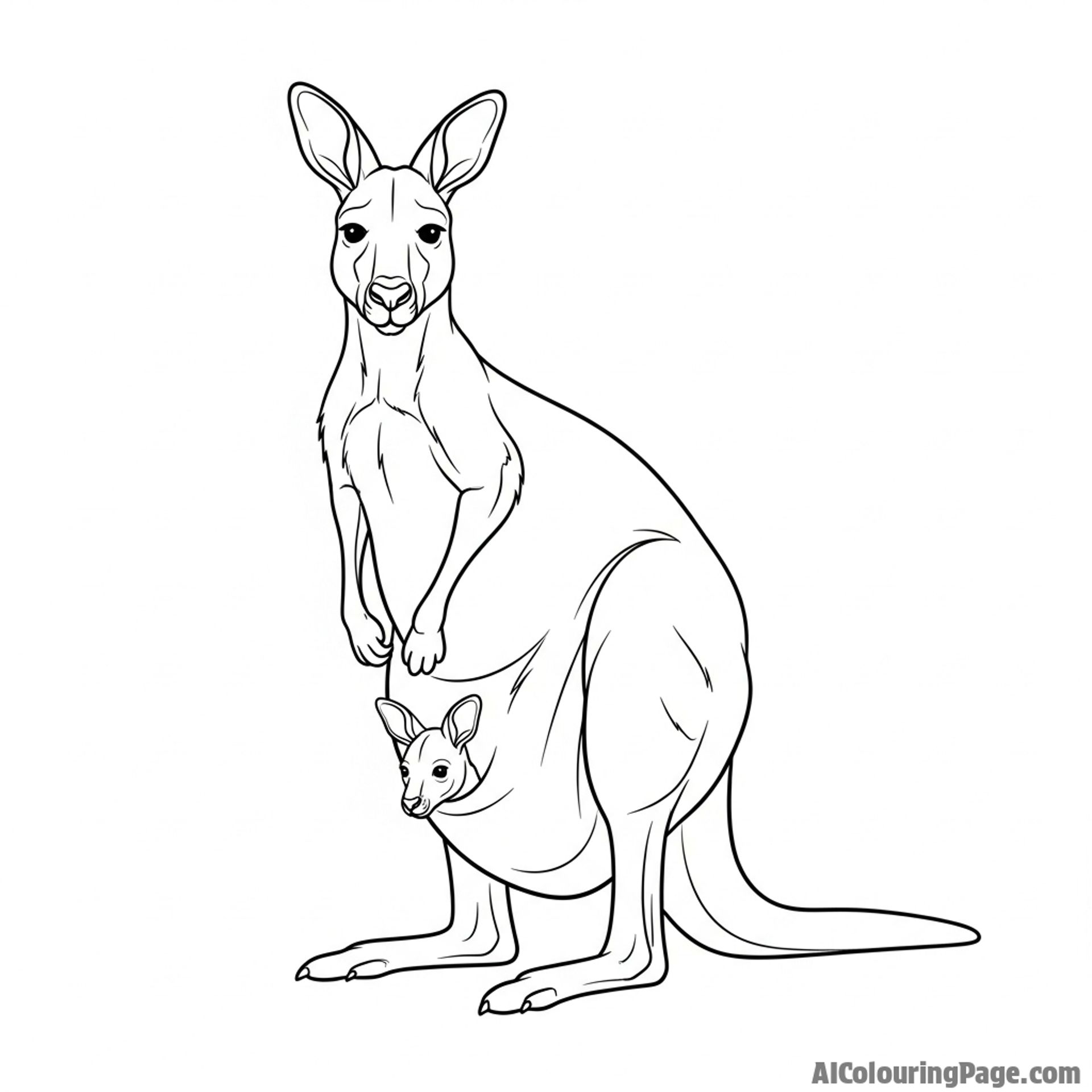 A kangaroo with a joey peeking out from its pouch